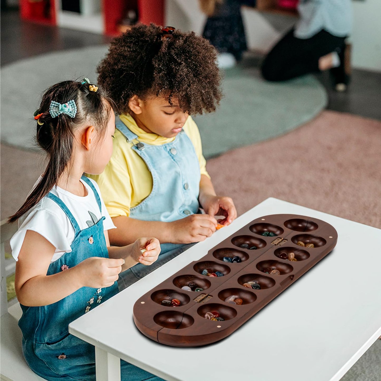 Lingle Deluxe Mancala Set – Real Wood Hinged Board, 48 Stones, African Petroglyphs