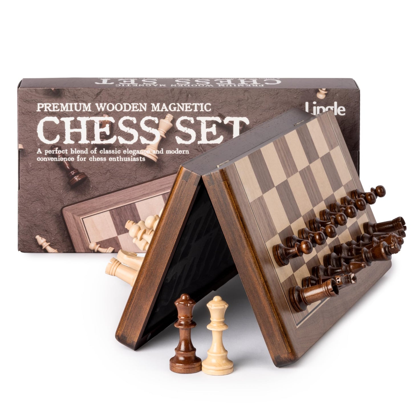 Lingle 15-Inch Magnetic Wooden Chess Set – Portable Travel Chess with 3-Inch King Pieces + Extra Queen