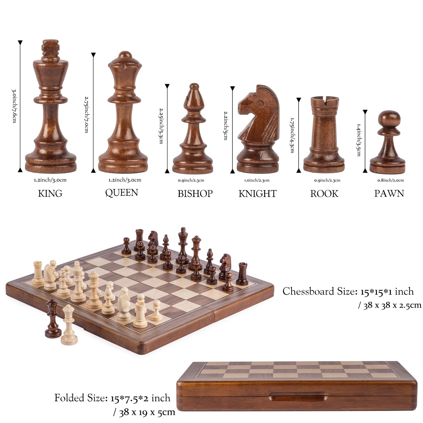Lingle 15-Inch Magnetic Wooden Chess Set – Portable Travel Chess with 3-Inch King Pieces + Extra Queen