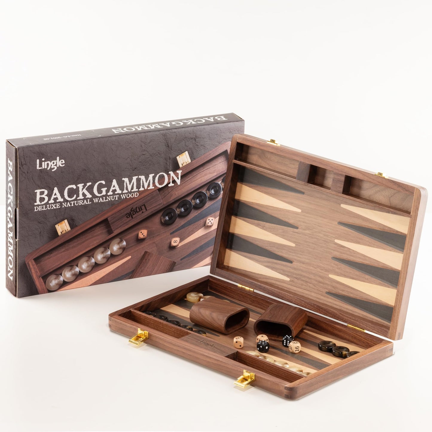 Lingle 14.5" Premium Walnut Folding Backgammon Set – 30 Horn Checkers, 2 Dice Cups, 5 Wooden Dice