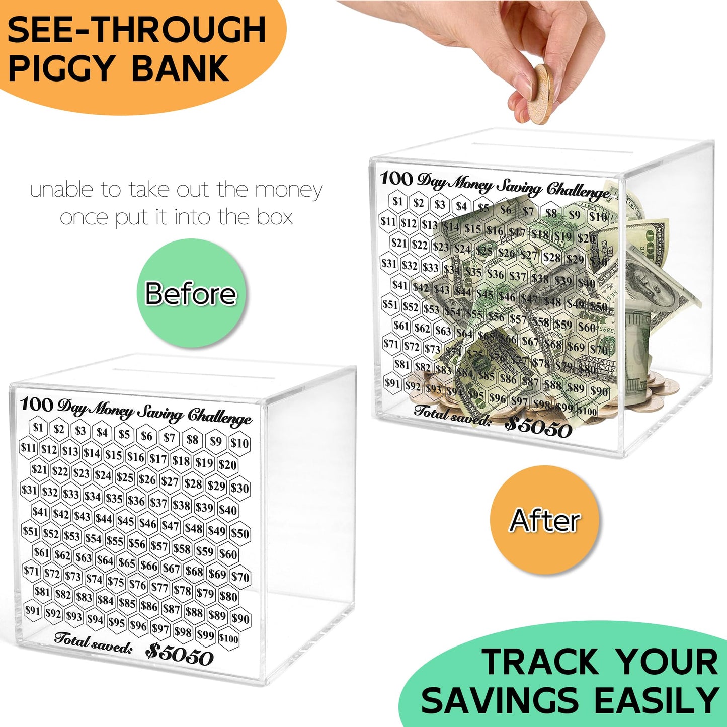LingLingo Piggy Bank for Adults - Smash Box, Clear Acrylic, 5050 Savings Challenge