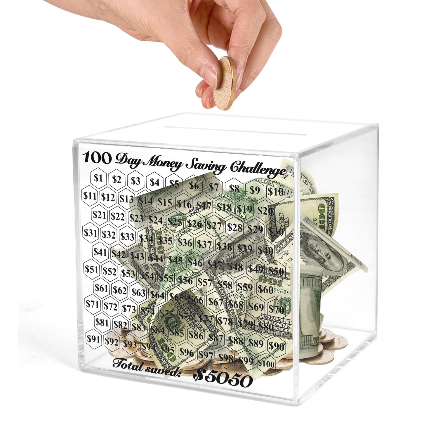 LingLingo Piggy Bank for Adults - Smash Box, Clear Acrylic, 5050 Savings Challenge