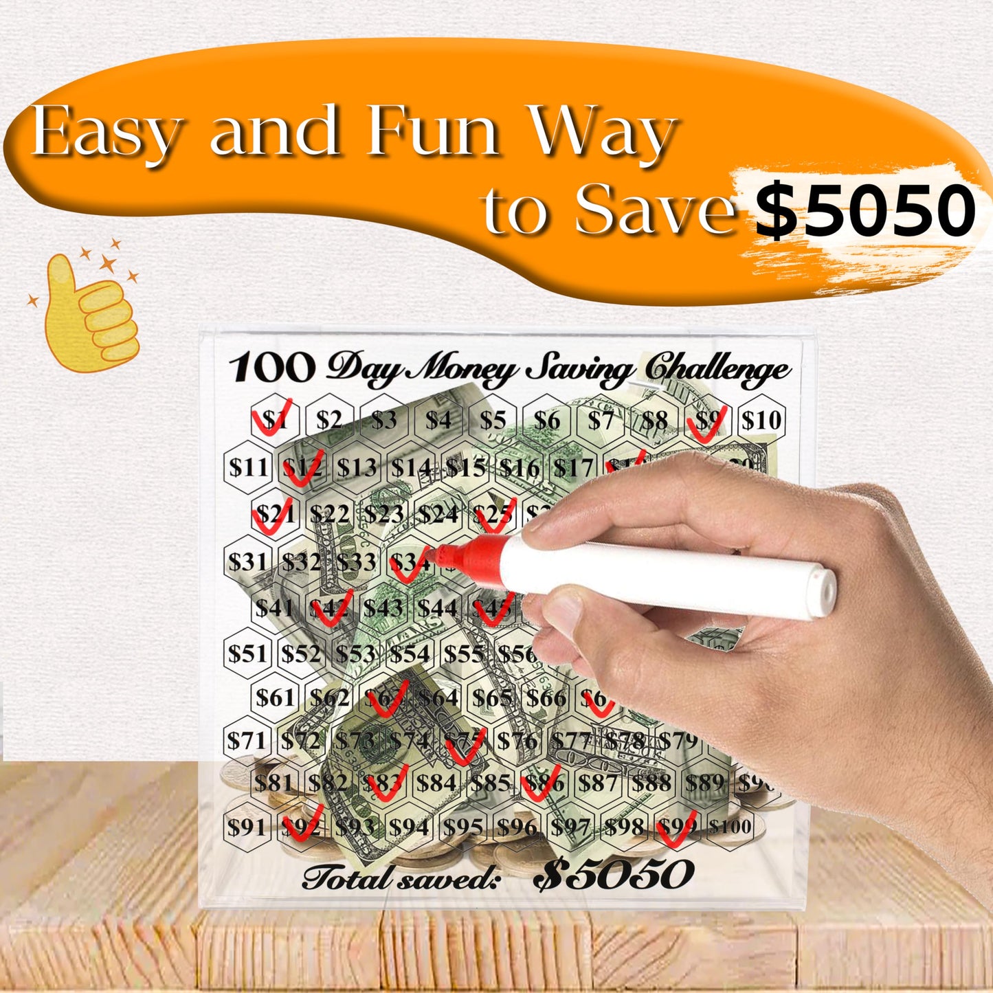 LingLingo Piggy Bank for Adults - Smash Box, Clear Acrylic, 5050 Savings Challenge