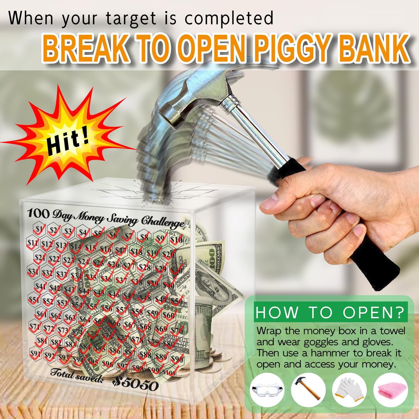 LingLingo Piggy Bank for Adults - Smash Box, Clear Acrylic, 5050 Savings Challenge