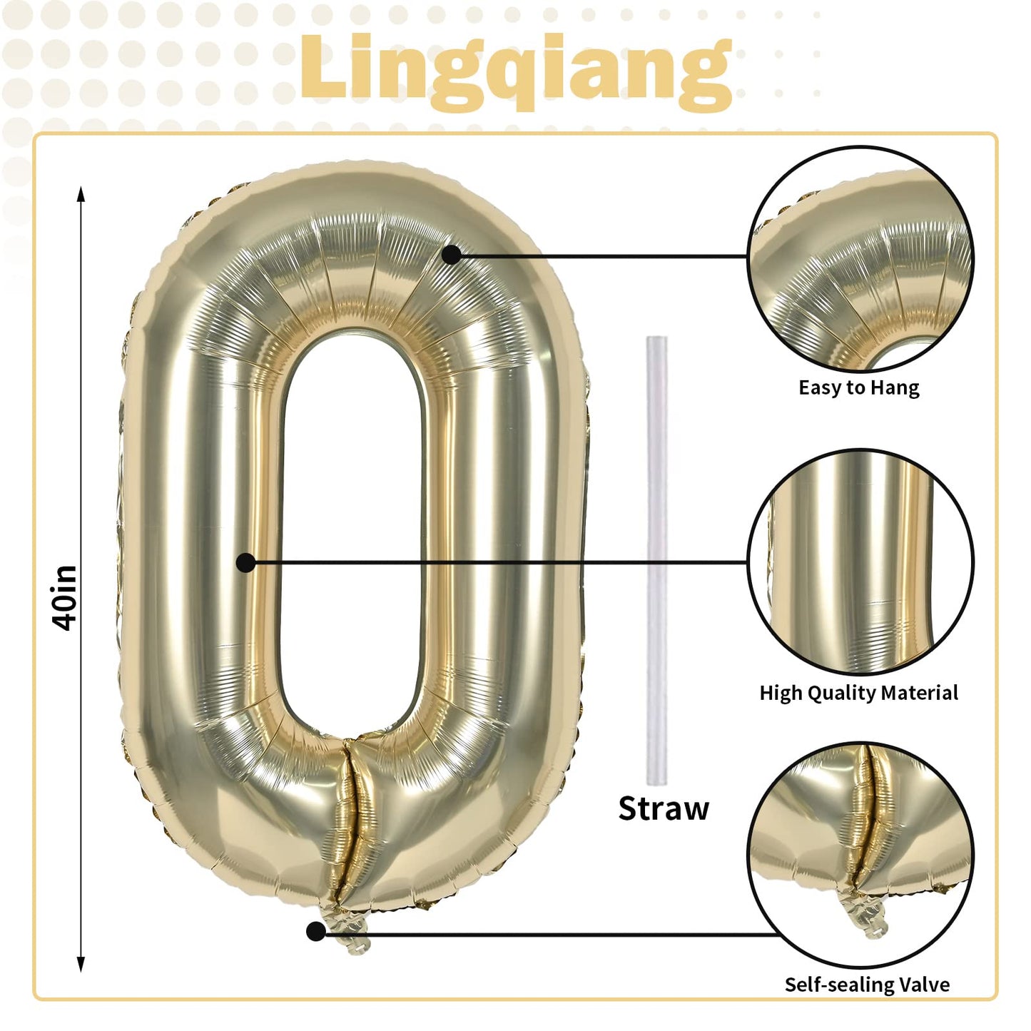 Lingqiang 40-Inch Champagne Gold Number 0 Balloon – Large Foil Numeral Set 0-9 for Parties