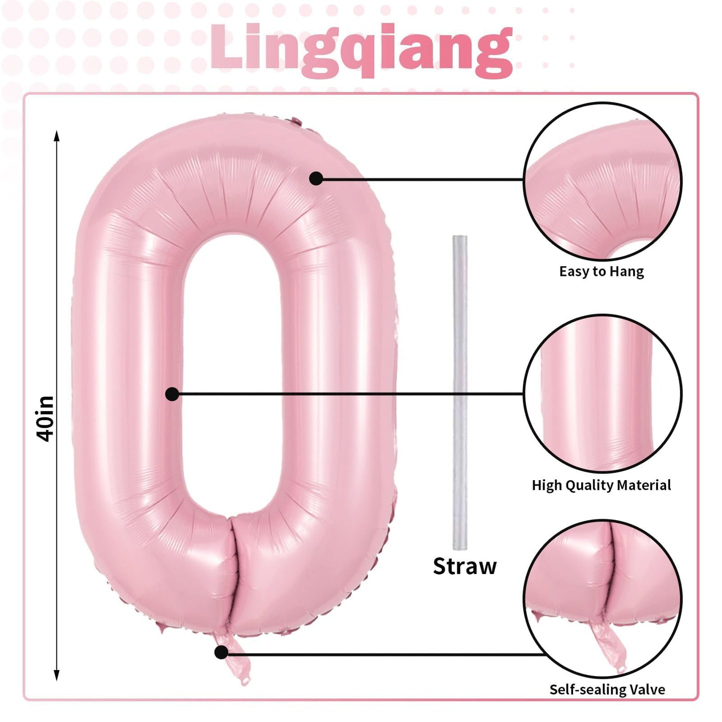 Lingqiang 40" Balloon Number 0 Pastel Pink – Large 40 Inch Foil Number Balloons Set 0-9 for Birthdays, Anniversaries, Graduation, New Year