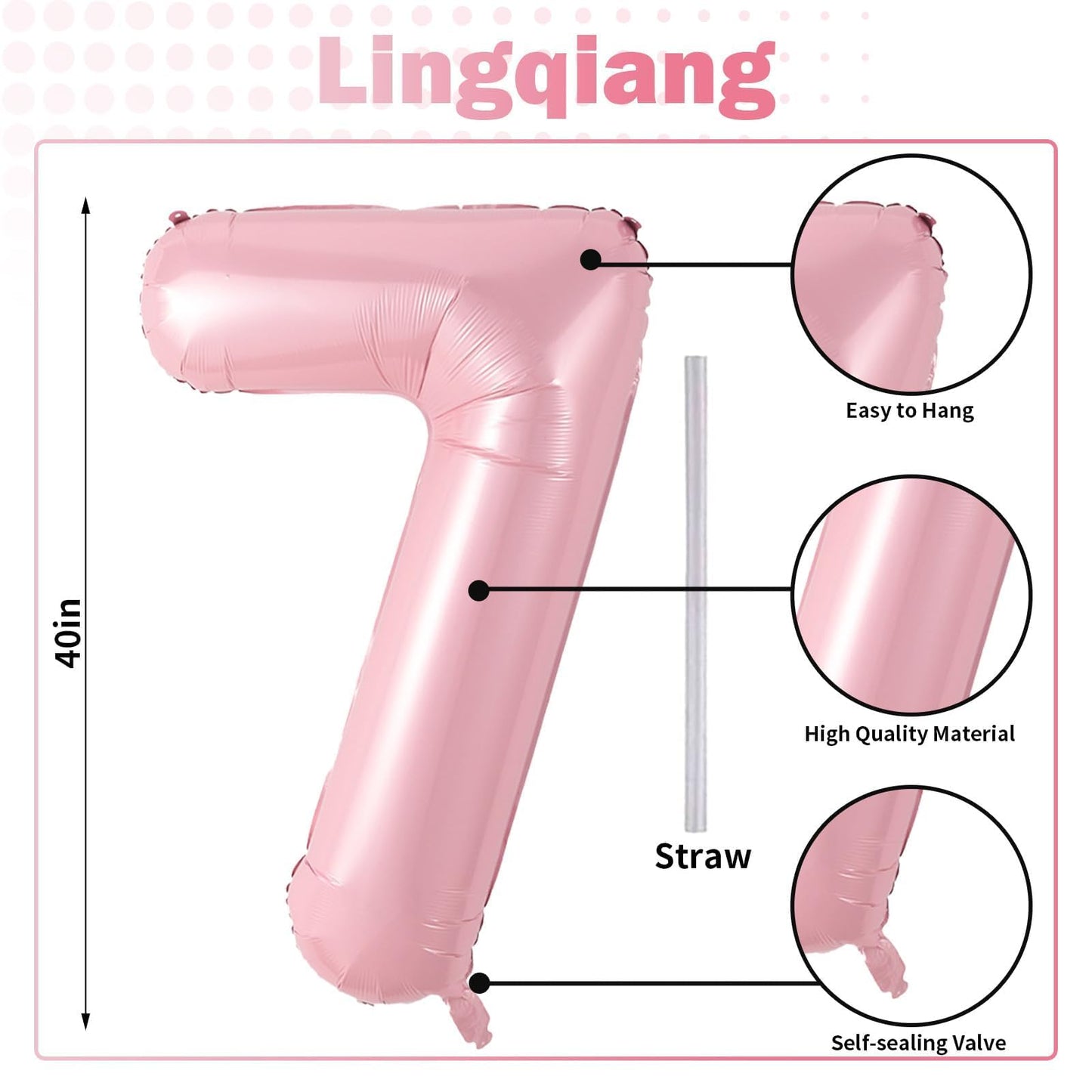 Lingqiang 40'' Light Pink Number 7 Foil Balloon – Giant 7th Birthday Decor