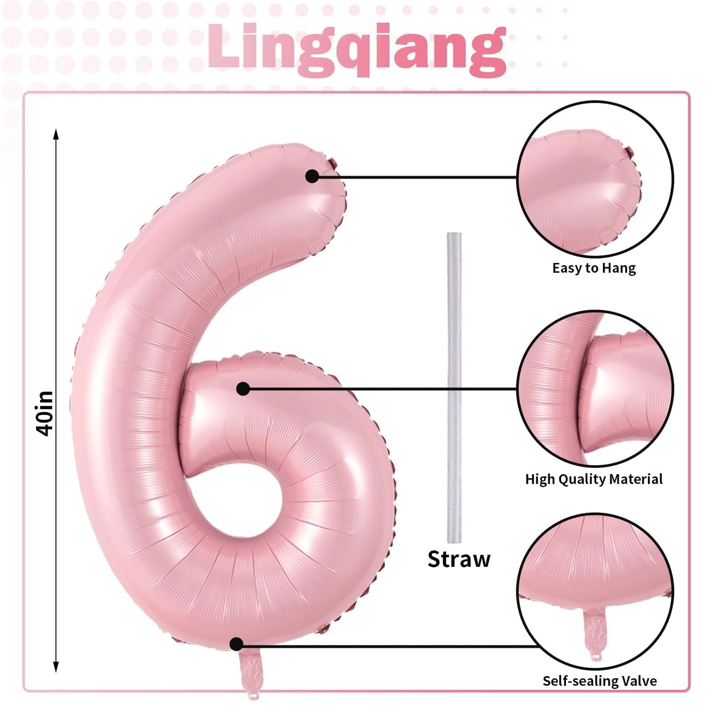 Lingqiang 40-inch Pastel Pink Number 6 Foil Balloon – Large Self-Inflating Birthday Party Decor