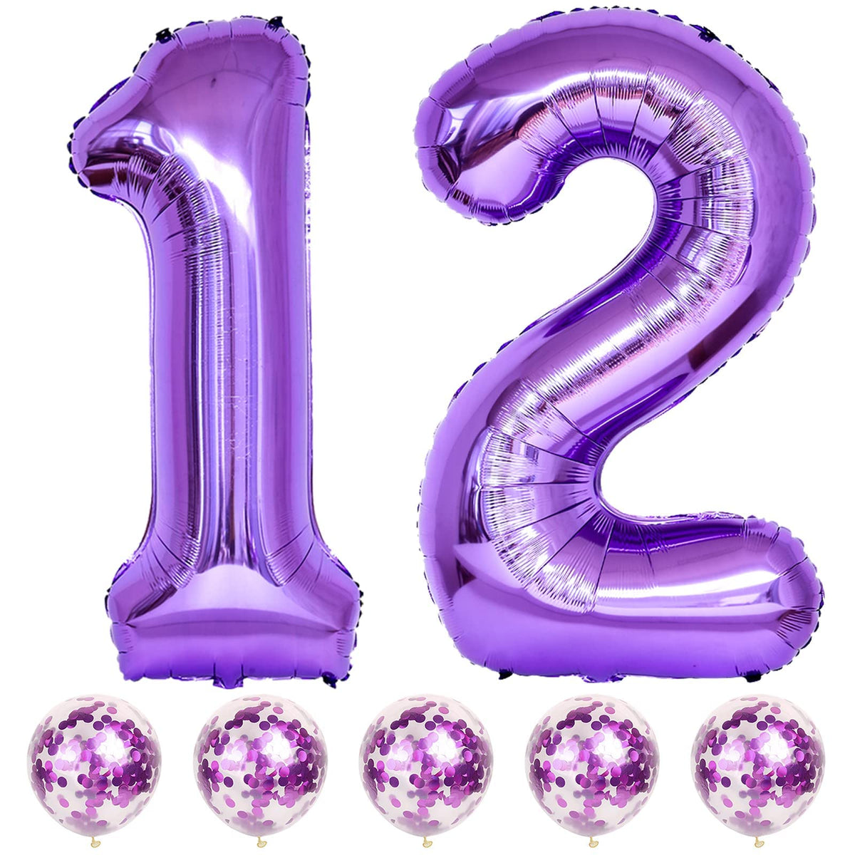 Lingqiang Purple 12th Birthday Balloon Kit – 40in Foil Numbers + Purple Confetti Latex