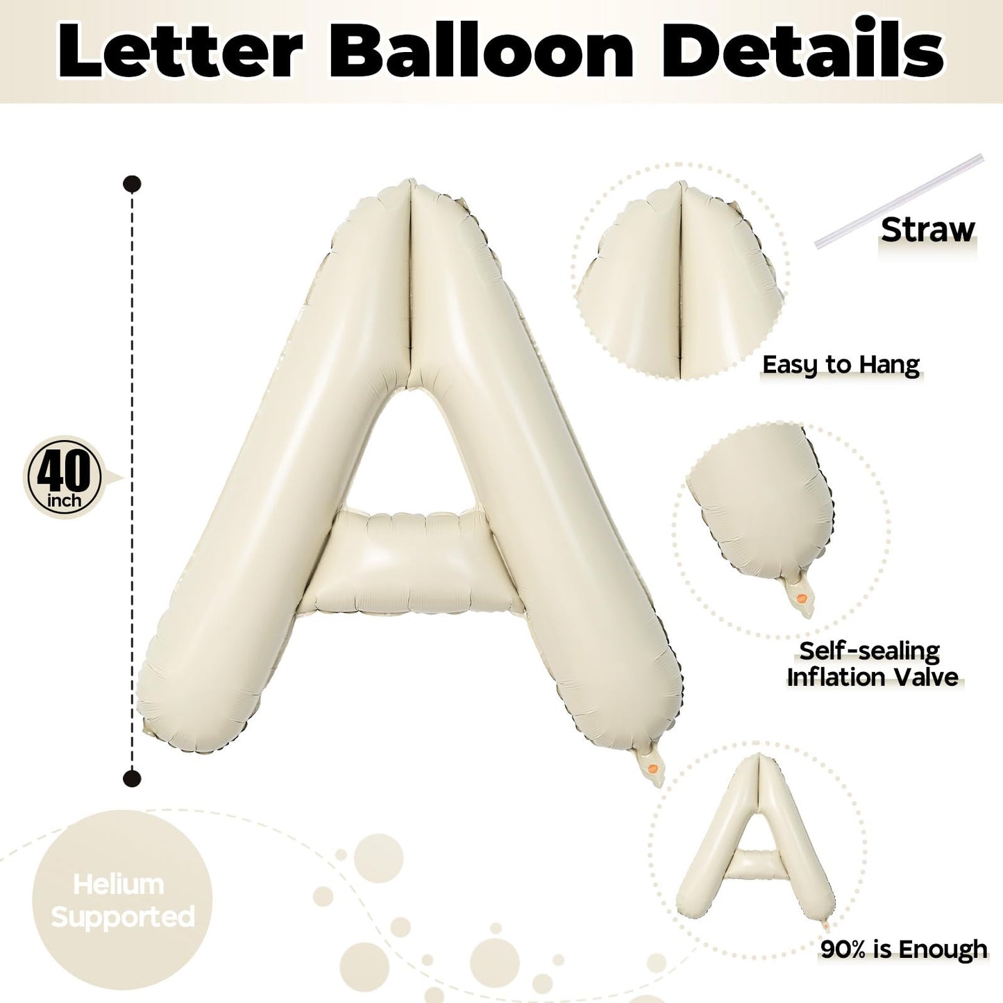Lingqiang Cream A Letter Balloon – 40-Inch Beige Foil Alphabet Balloon for Parties