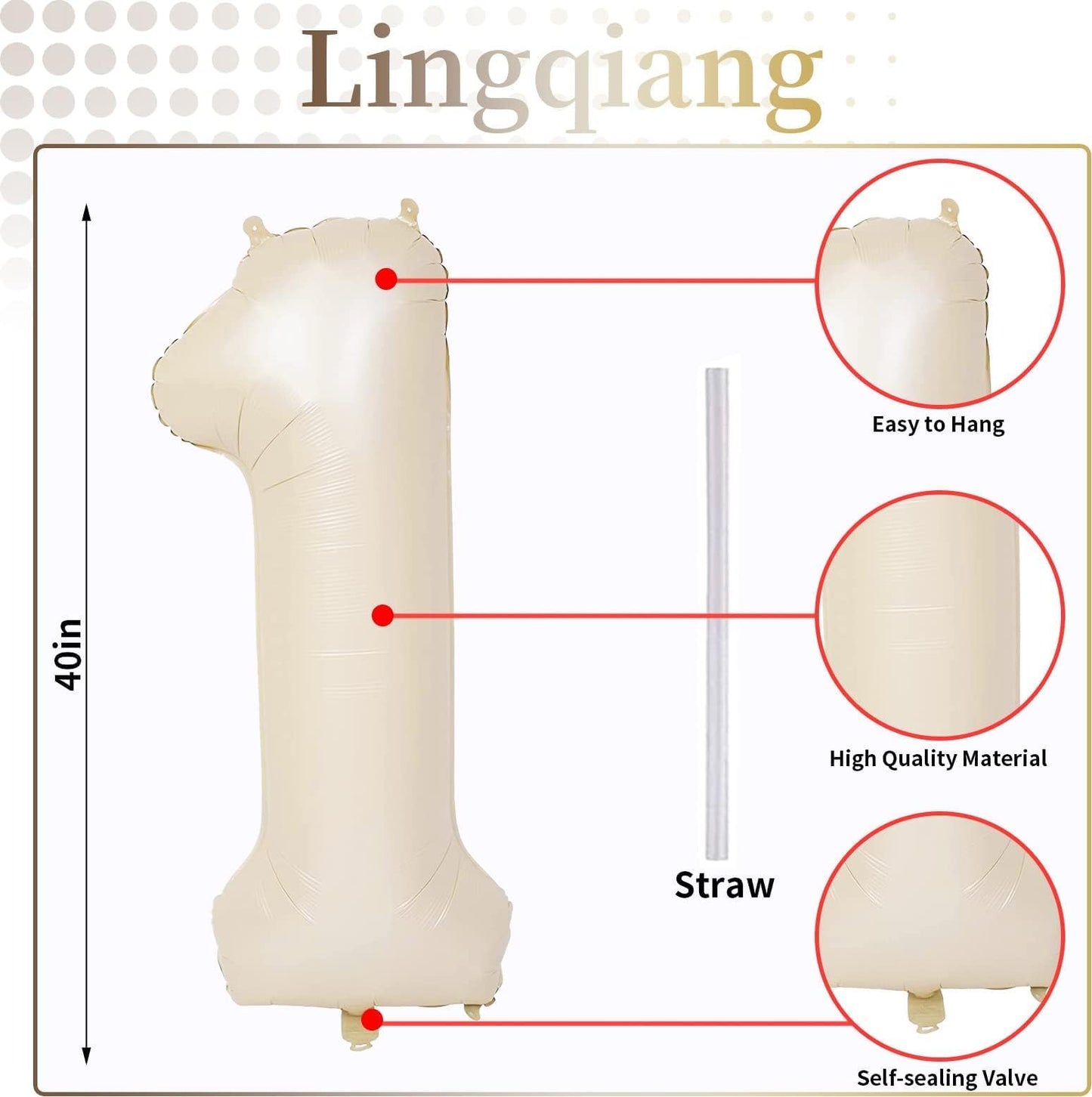 Lingqiang 40 Inch Beige Number 1 Balloon – Large Self-Inflating Cream Foil Balloon for 1st Birthday, Anniversary, Party