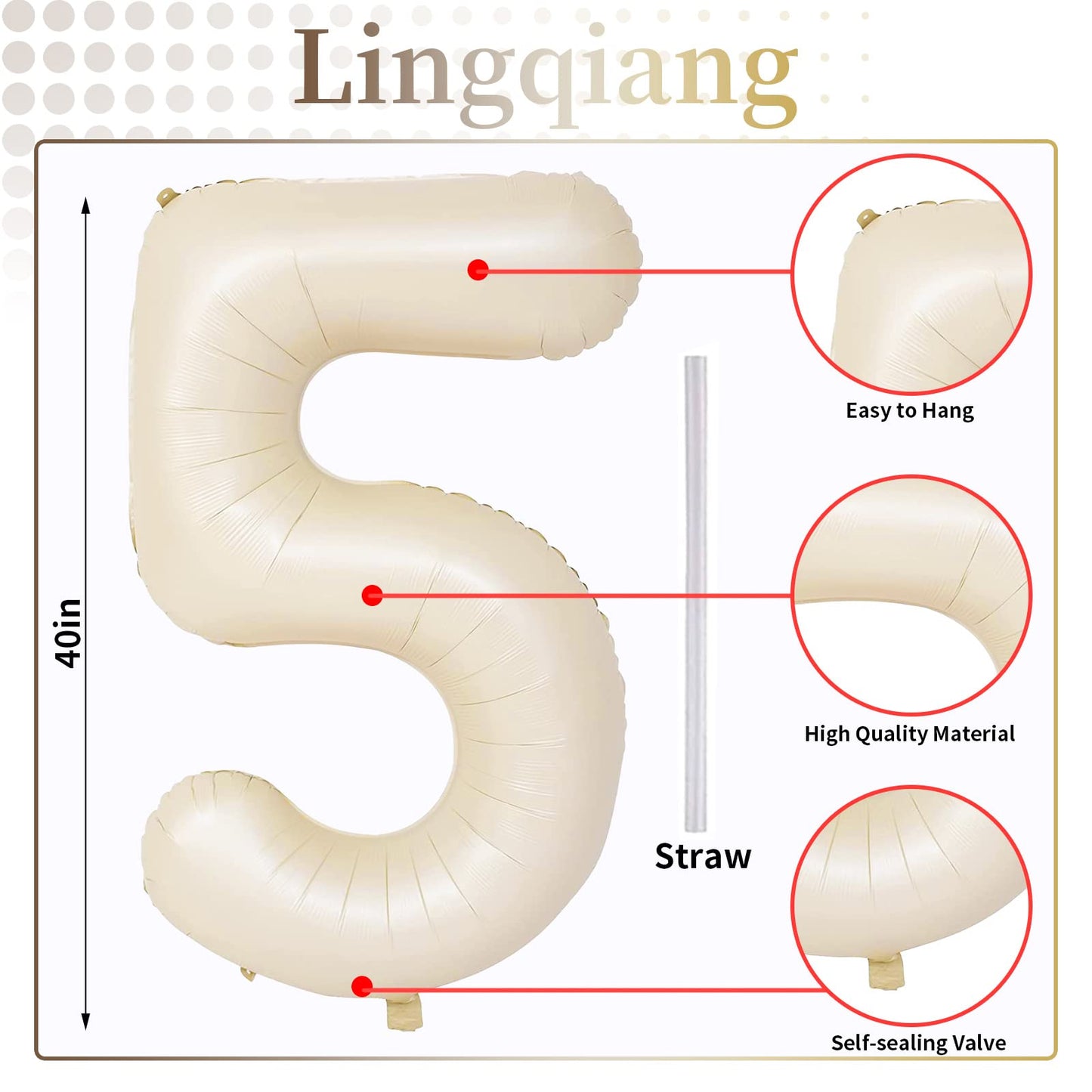 Lingqiang Beige Number 5 Balloon – 40-Inch Cream Foil Mylar Balloon for Birthday & Party Decorations
