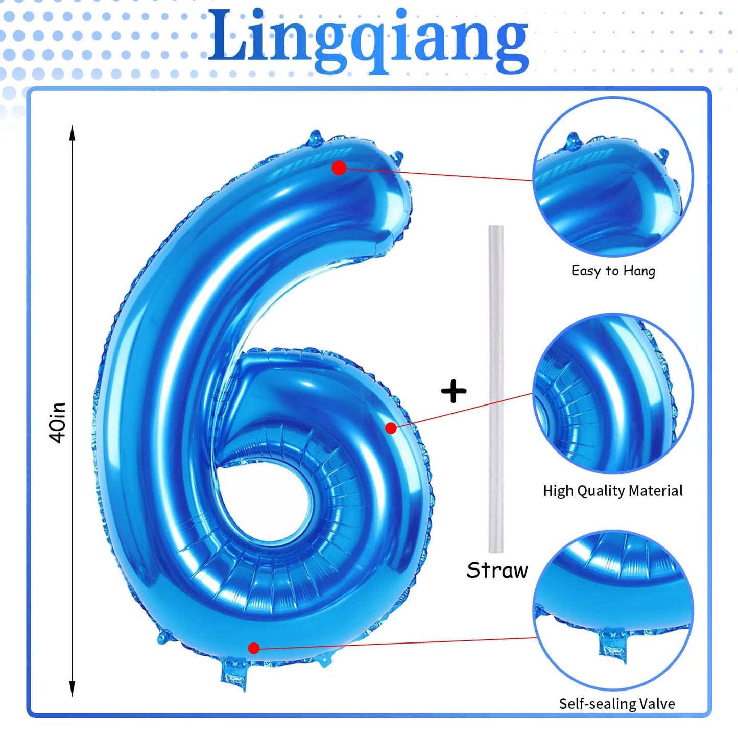 Lingqiang 40-Inch Blue Number 6 Balloon – Self-Inflating Foil Digit for Milestones & Celebrations