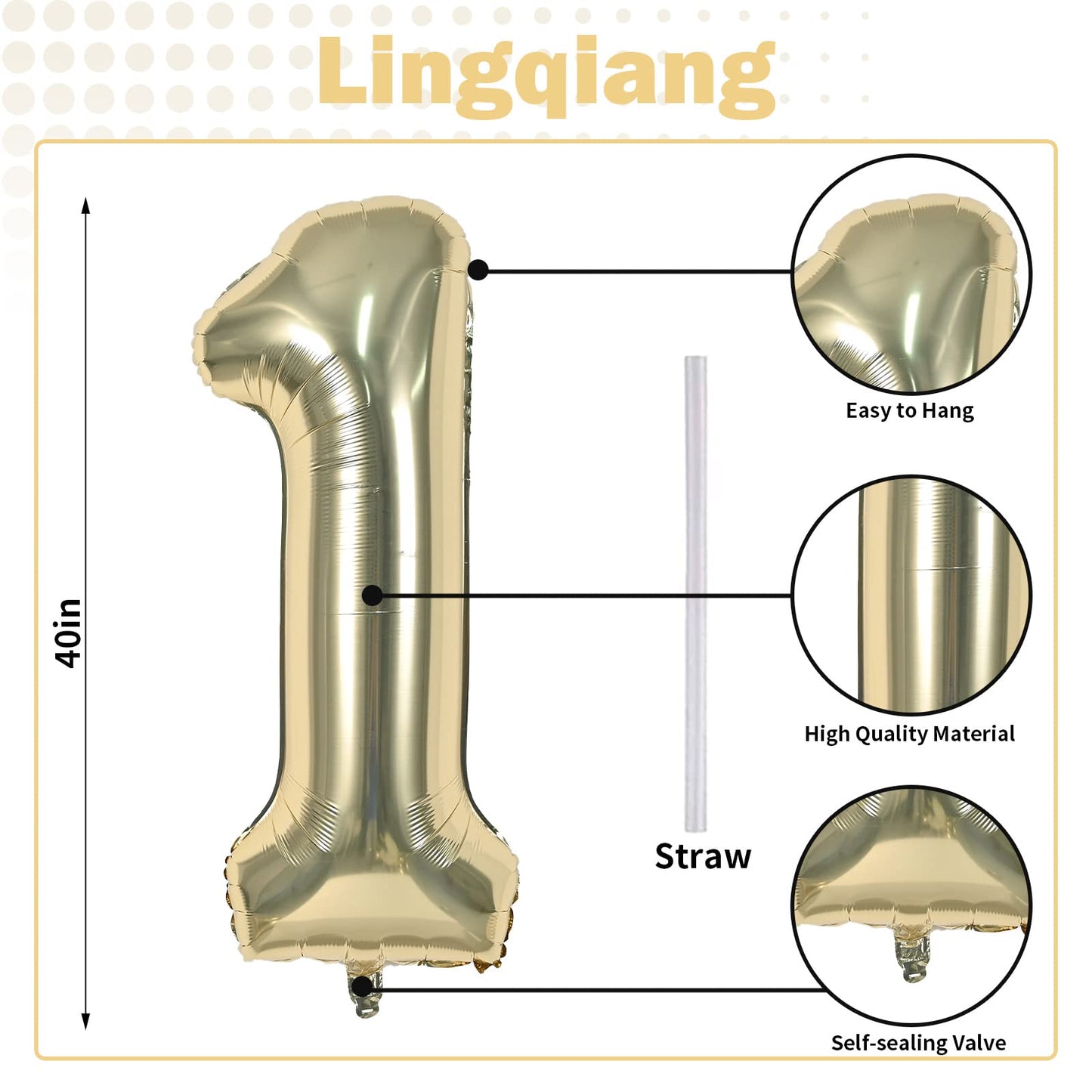 Lingqiang Champagne Gold Number 1 Balloon – 40-Inch Foil Self-Inflating Party Decor