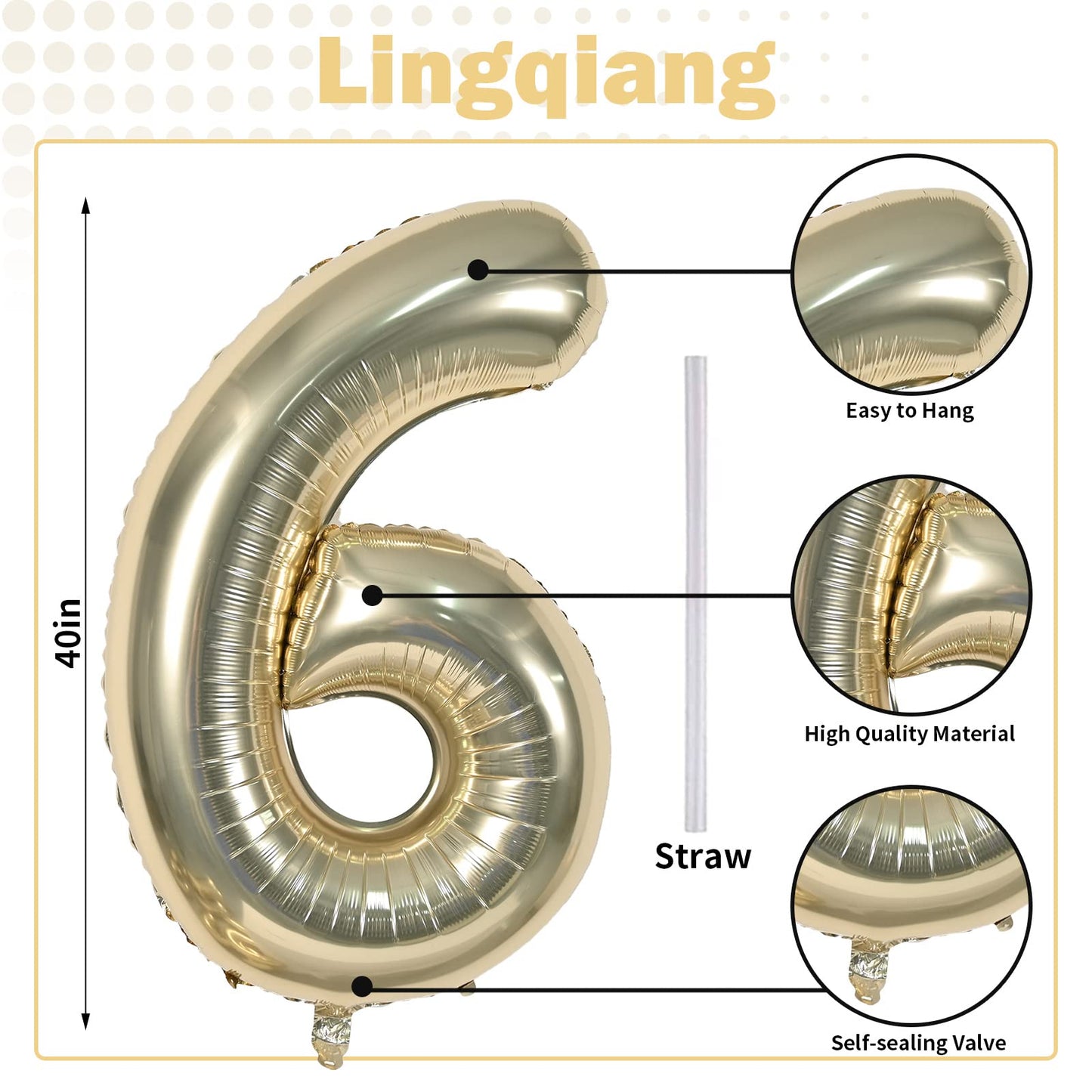 Lingqiang Champagne Gold Number 6 Balloon – 40-Inch Foil Birthday Decor