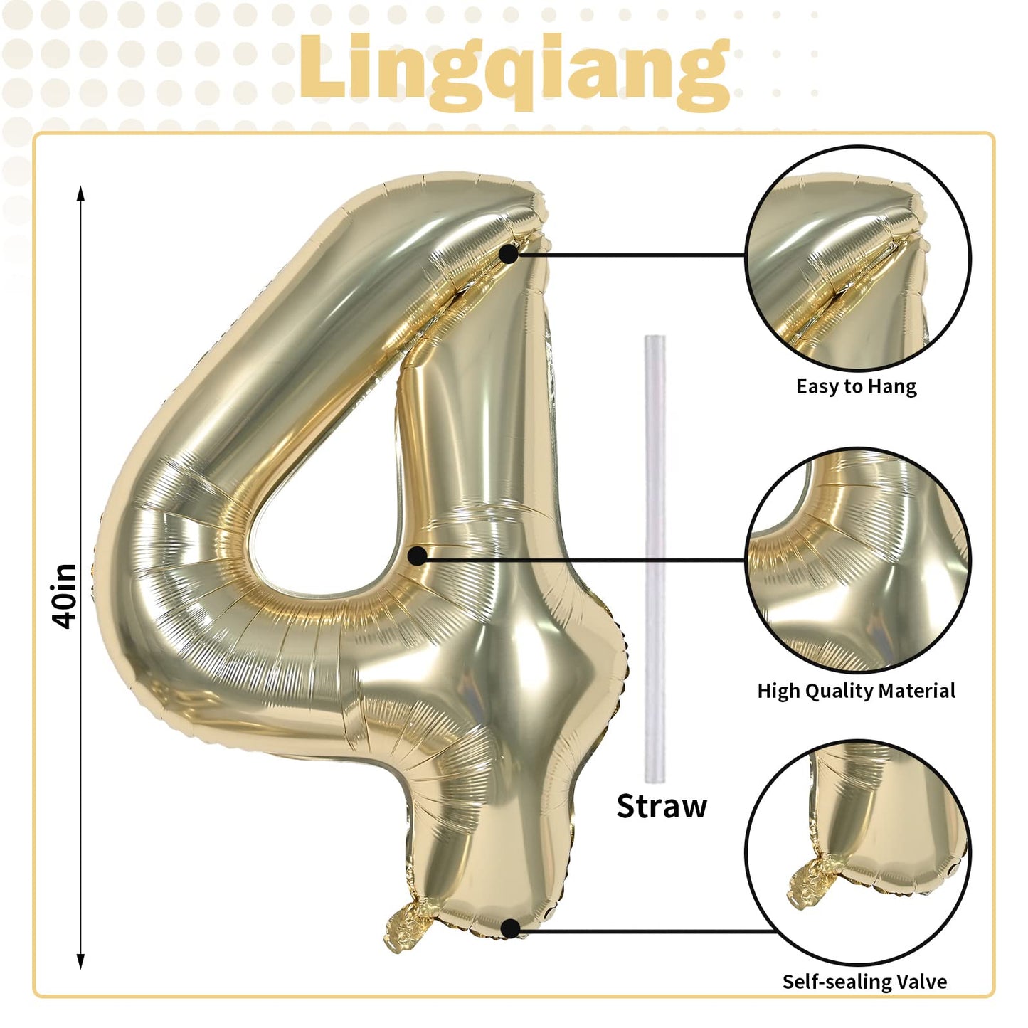 Lingqiang Champagne Gold Foil Balloon Number 4 – 40-Inch Giant Self-Inflating Balloon Set for Birthdays & Anniversaries
