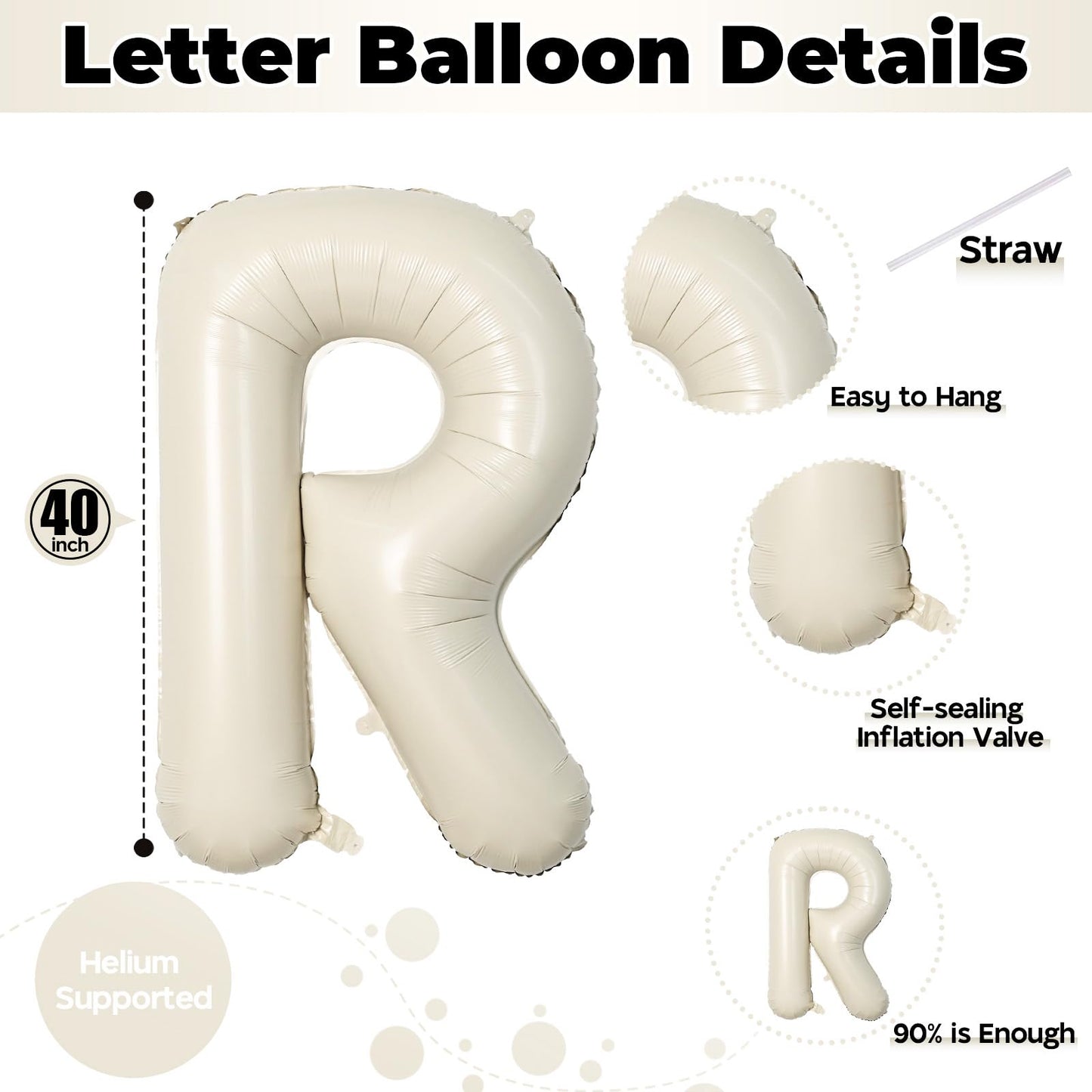 Lingqiang 40-Inch Cream R Letter Foil Balloon – Large Beige White Birthday Party Decoration