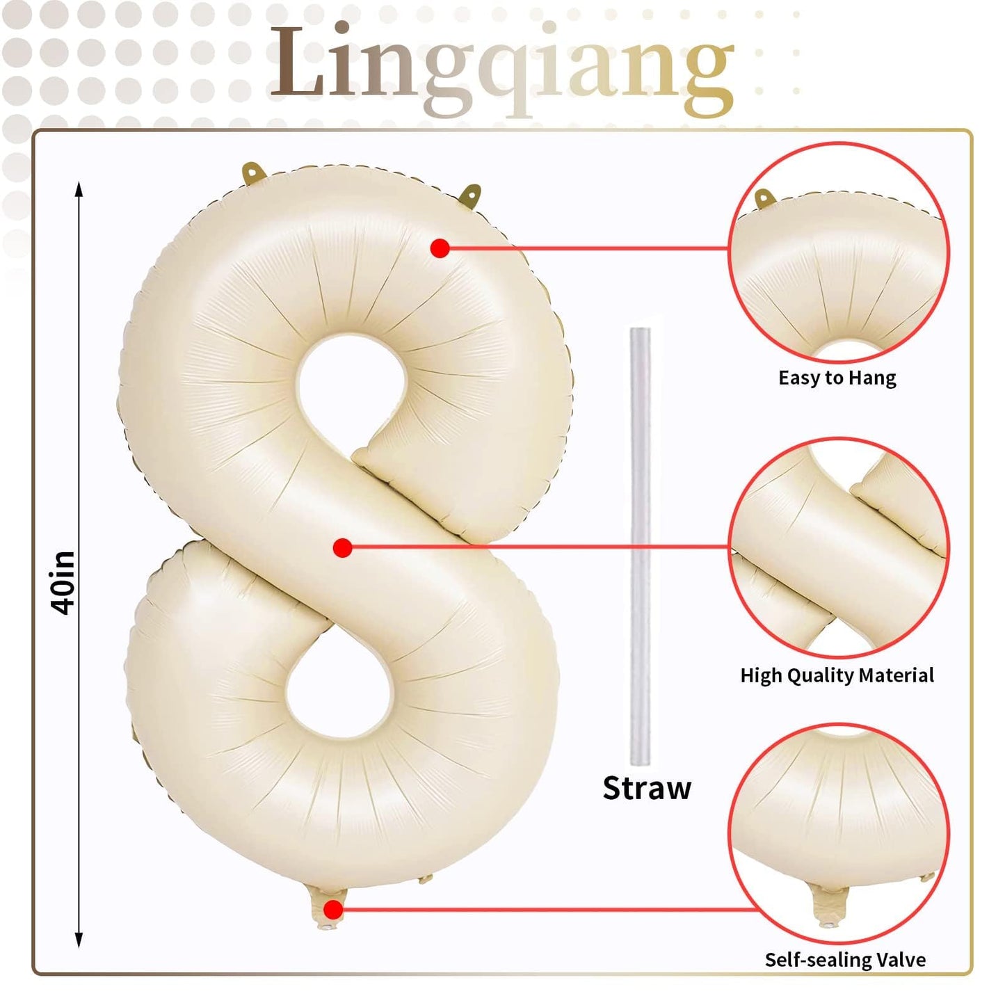 Lingqiang 40-Inch Cream Number 8 Balloon – Giant Self-Inflating Beige Party Decor