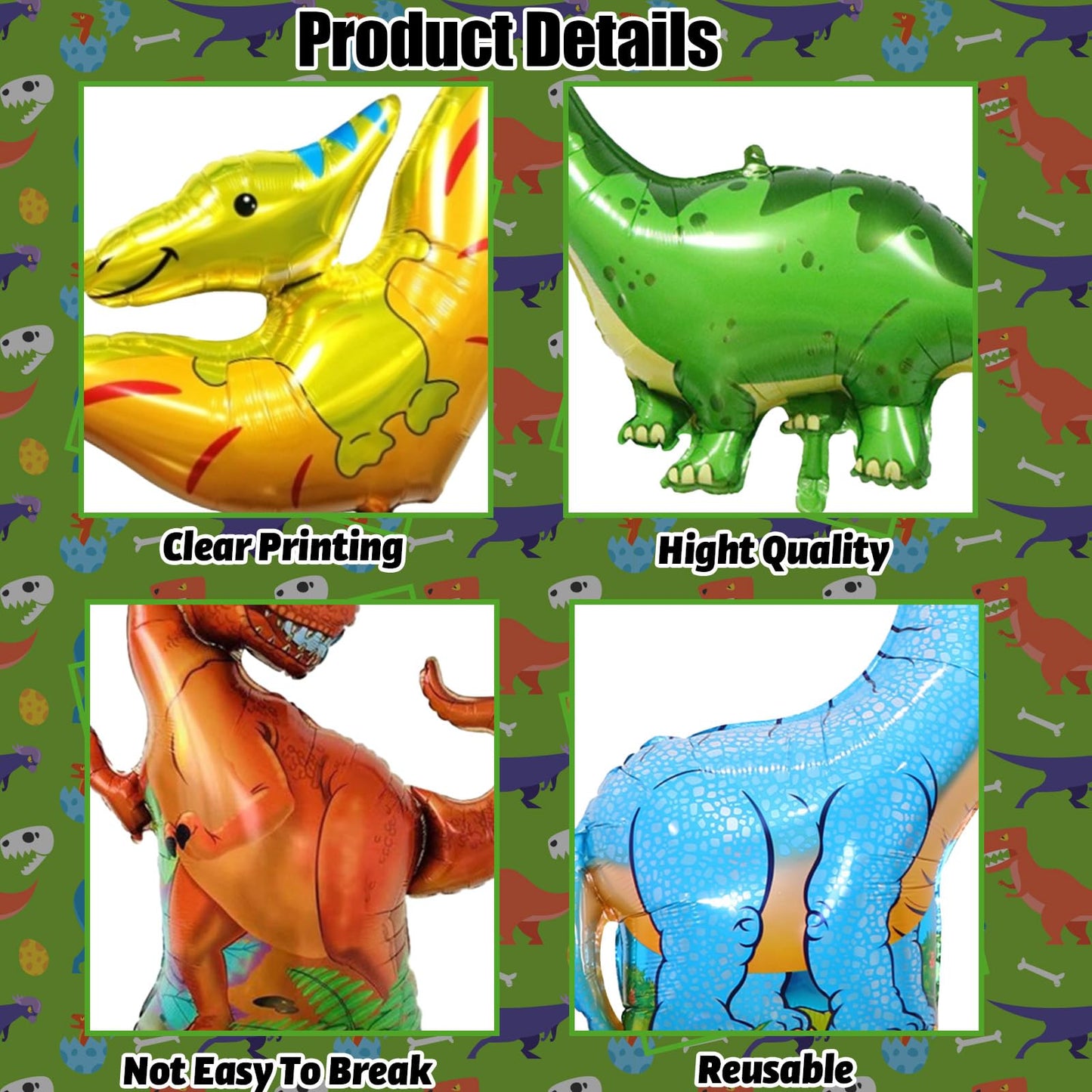 Lingqiang Dinosaur Foil Balloons Set (6 Giant Mylar Balloons) | Jungle Safari Party