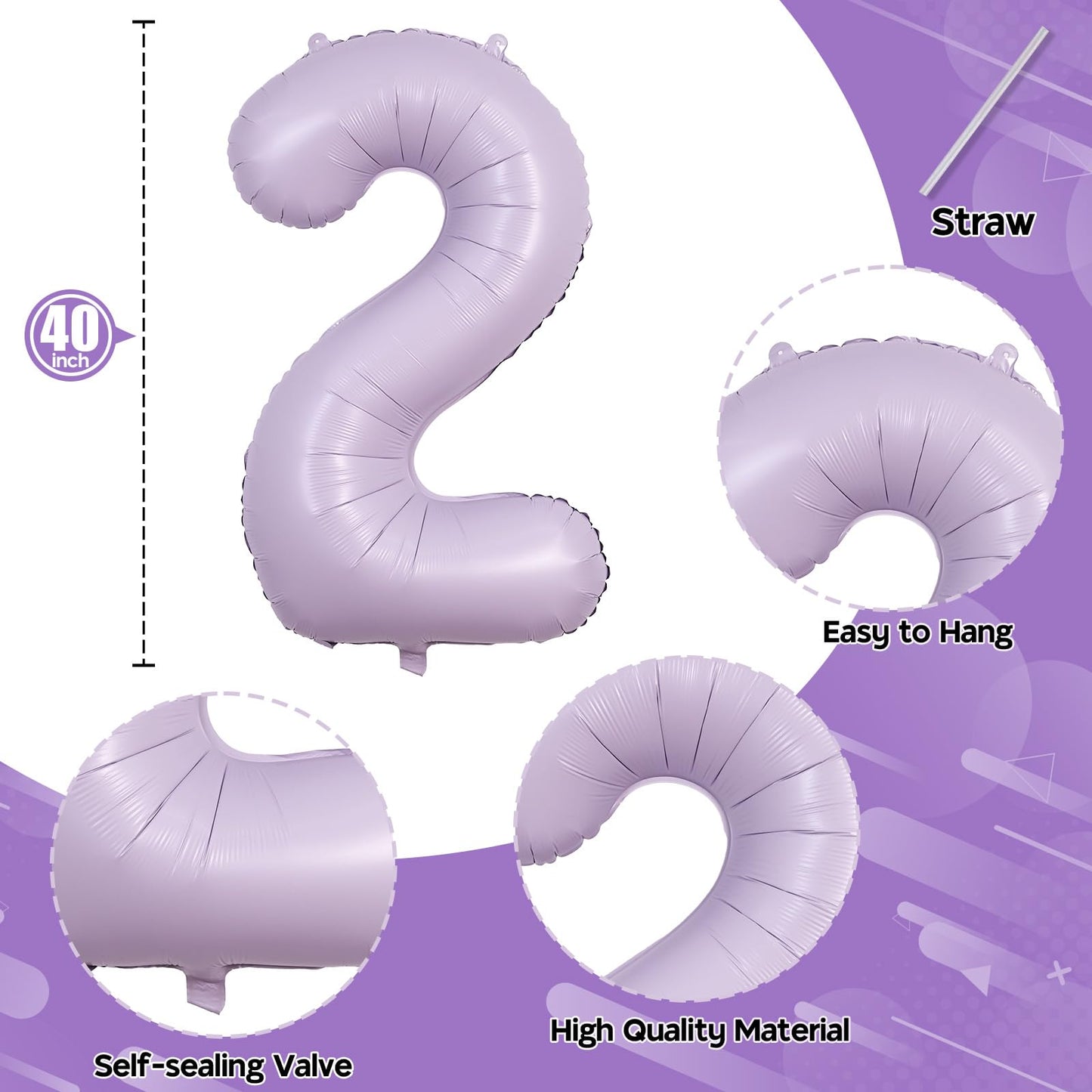 Lingqiang Light Purple 40in Number 2 Foil Balloon – Giant Lilac Birthday & Event Decor