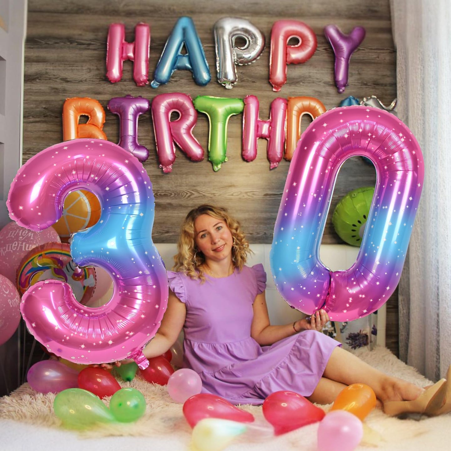 Lingqiang 40" Gradient Blue Pink Number Balloons – 0-9 Foil Mylar Birthday Balloons