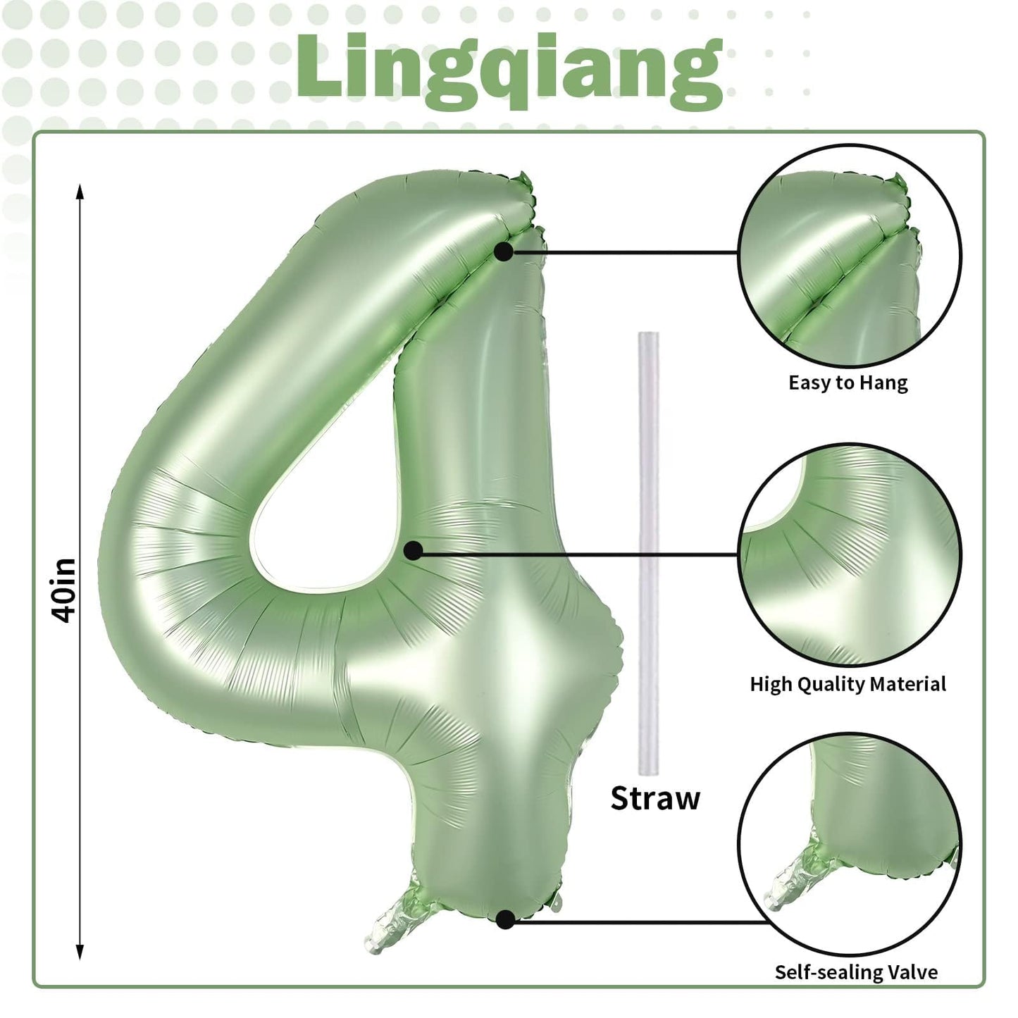 Lingqiang 40-Inch Sage Green Foil Number 4 Balloon – Large Self-Inflating Party Decor