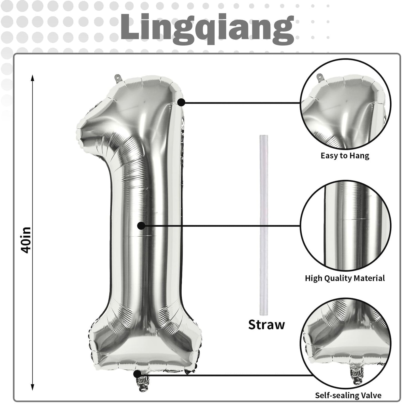Lingqiang Silver 1 Balloon – 40-Inch Giant Foil Number Balloon for Celebrations