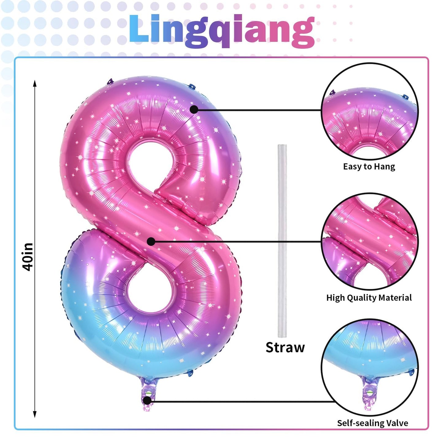 Lingqiang 40-Inch Rainbow Foil Balloon Number 8 – Giant Gradient Blue Pink Balloons
