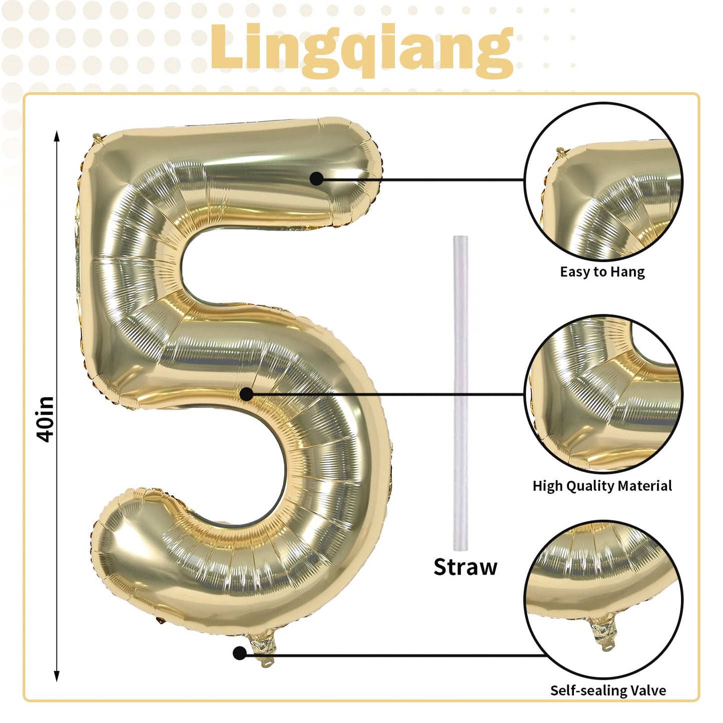 Lingqiang Champagne Gold Number 5 Balloon, 40-Inch Self-Inflating Foil Balloon for 5th Birthday Parties