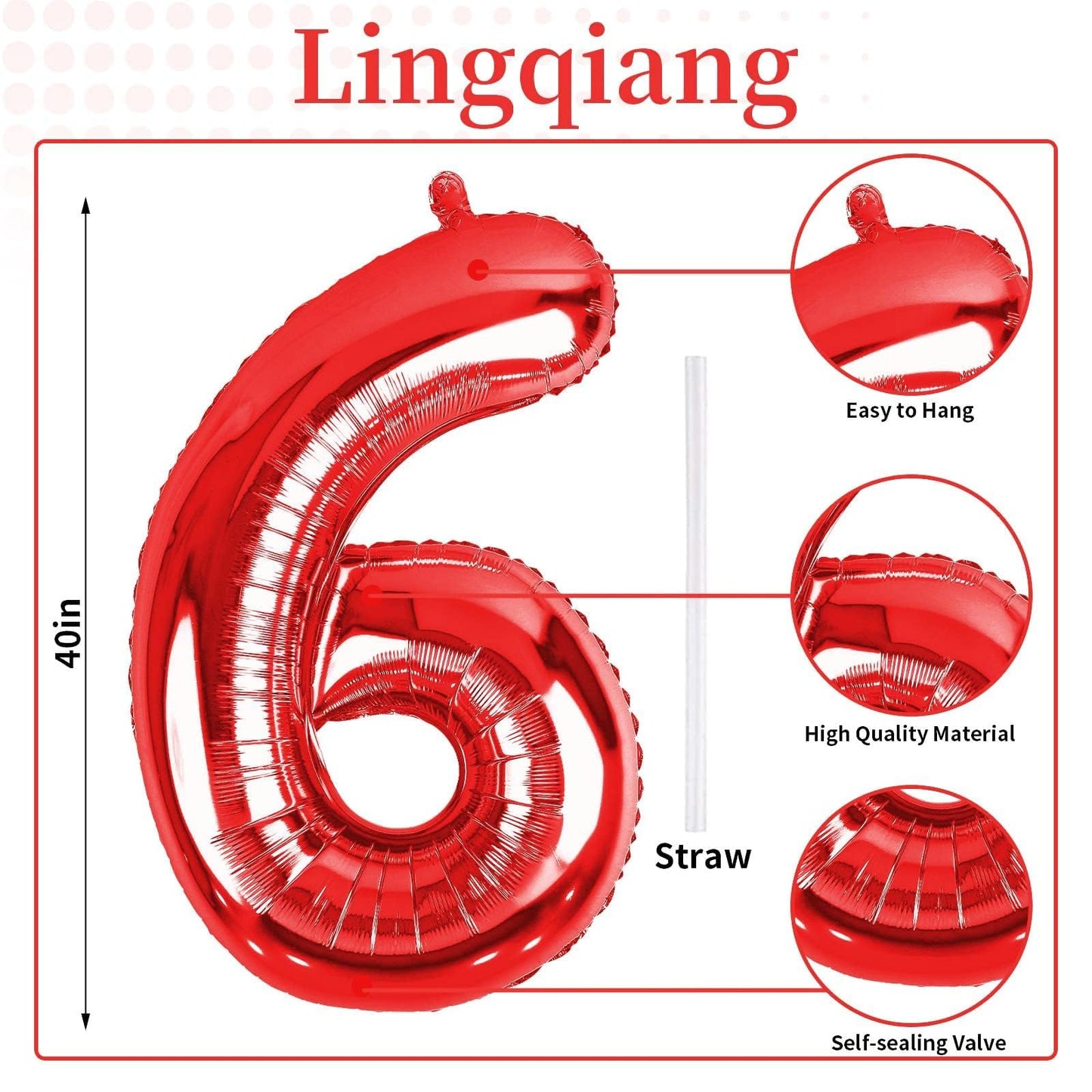 Lingqiang 40-Inch Red Number 6 Balloon – Giant Self-Inflating Foil Mylar Party Decor