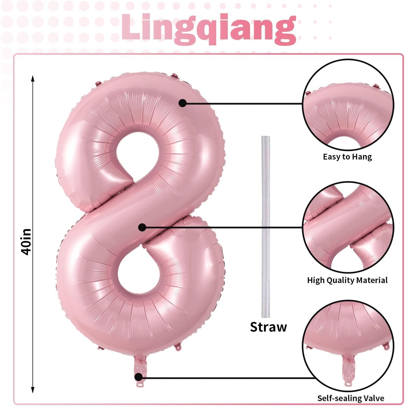 Lingqiang Pastel Pink 40-Inch Foil Number 8 Balloon – Giant Birthday & Celebration Digit