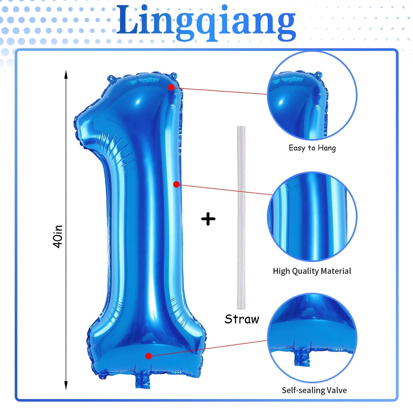 Lingqiang 40'' Blue Number 1 Balloon - Giant Self-Inflating Foil Number Balloon for 1st Birthday & Party Decor