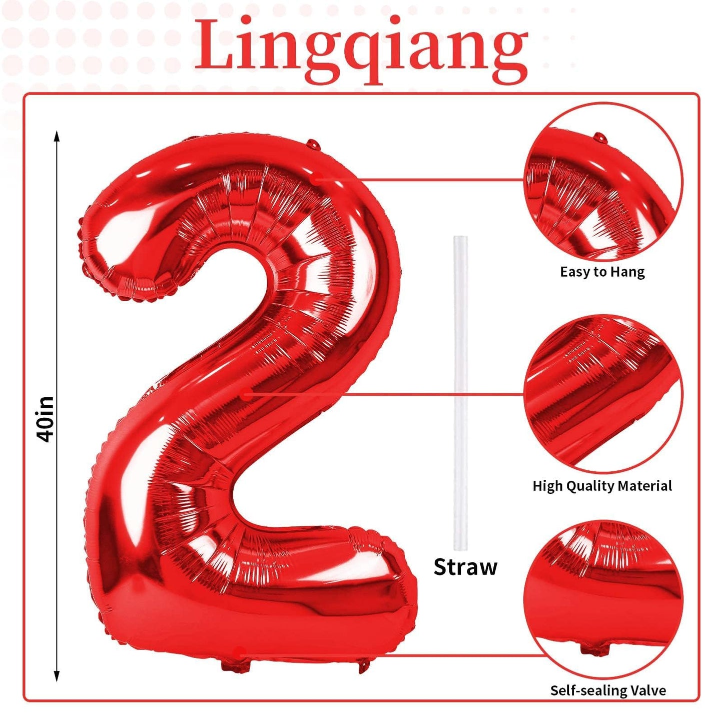 Lingqiang Red 2 Balloon — 40-Inch Giant Foil Number for 2nd Birthday, Anniversary, and Party Decor