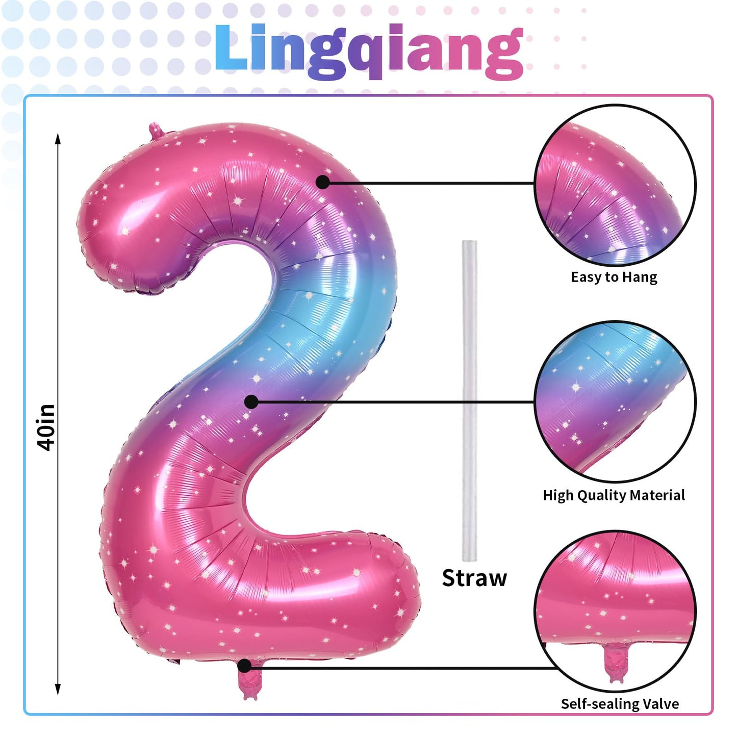 Lingqiang 40in Gradient Rainbow Number 2 Foil Balloon – Giant 2nd Birthday & Anniversary Decor