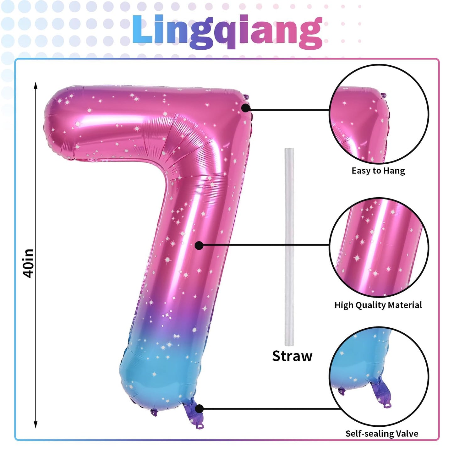 Lingqiang 40-Inch Gradient Rainbow Number 7 Foil Balloon – Giant Self-Inflating Birthday Party Decor