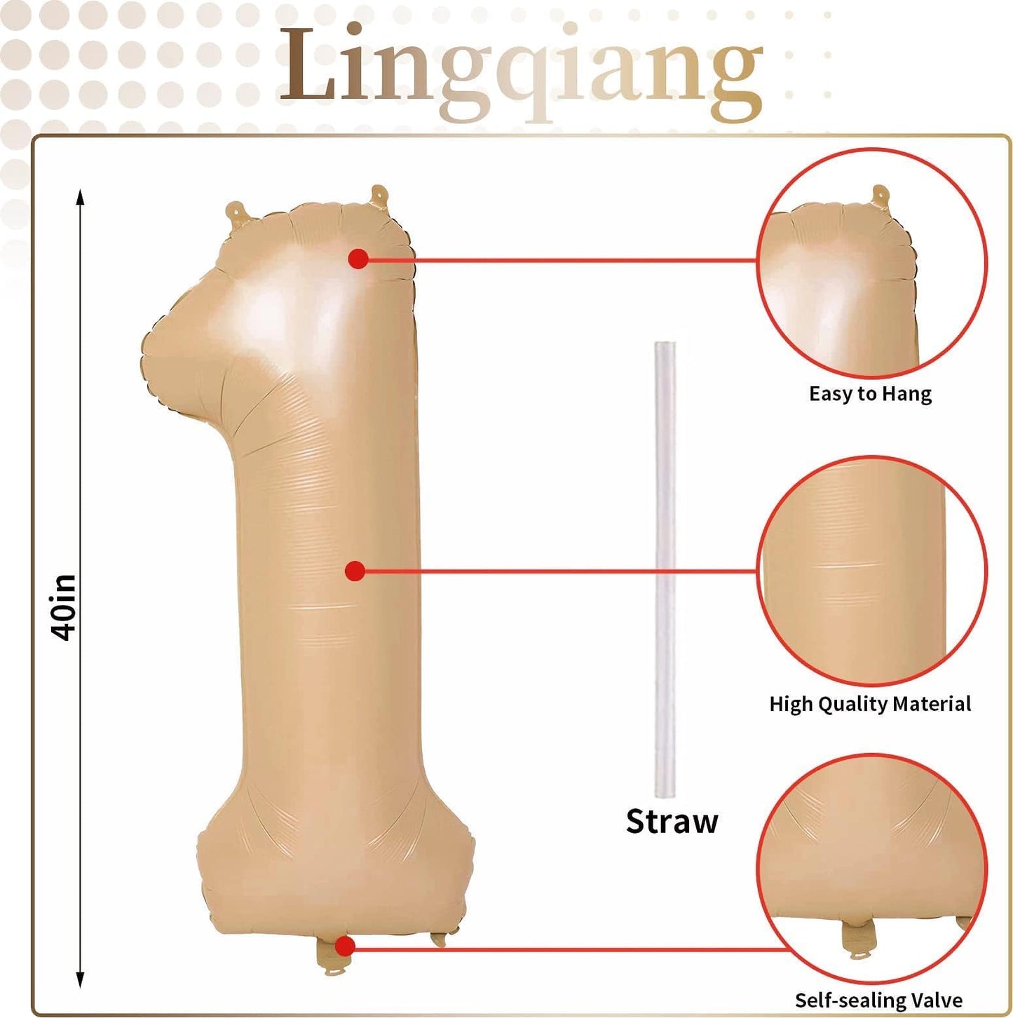 Lingqiang Nude Number 1 Balloon - 40” Tan Foil Number Balloon for 1st Birthday & Anniversary