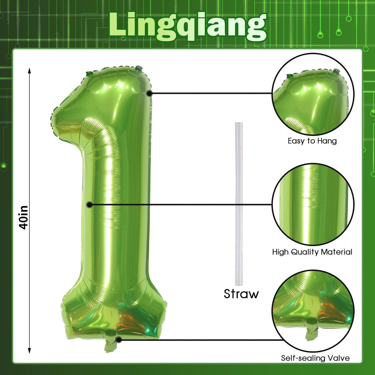 Lingqiang 40 Inch Green Number 1 Balloon – Giant 1st Birthday Foil Balloon