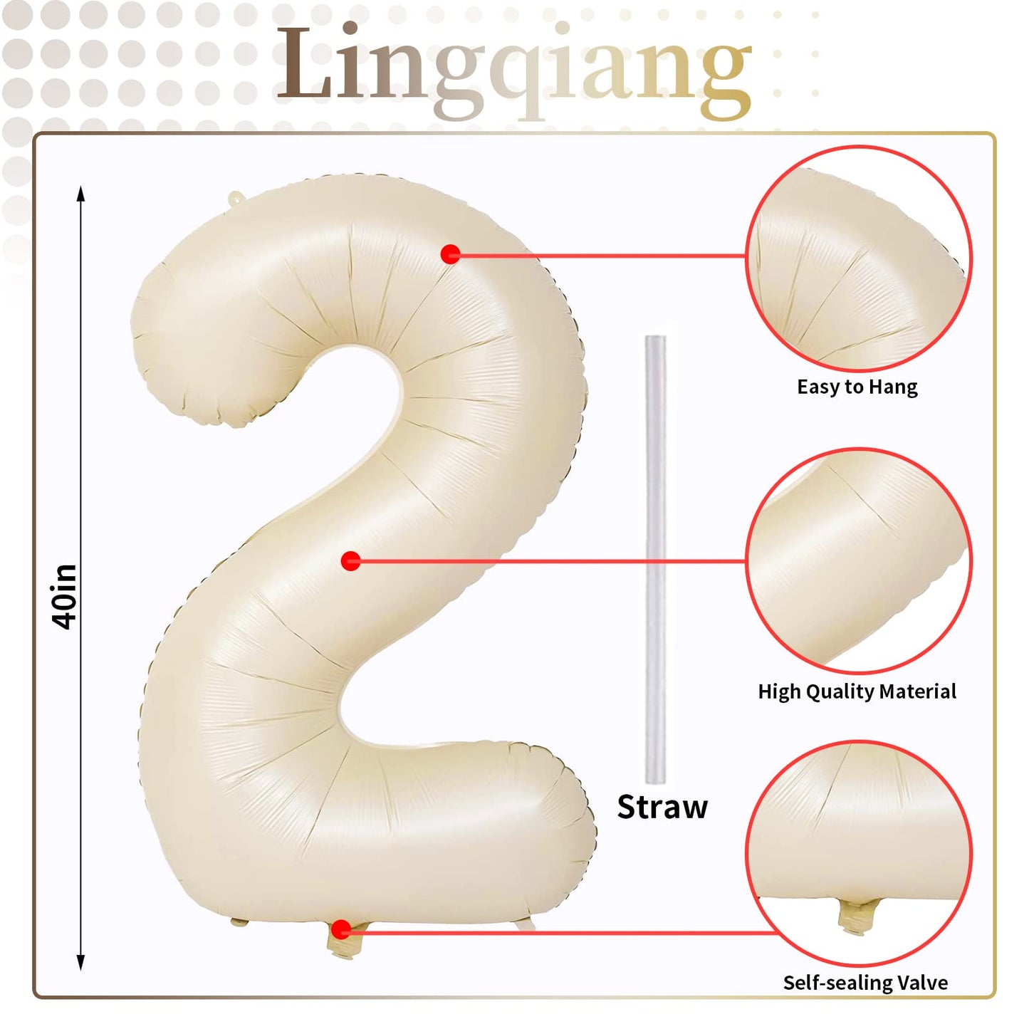 Lingqiang Cream 40-Inch Giant Number 2 Balloon – Beige Self-Inflating Birthday & Anniversary Decor