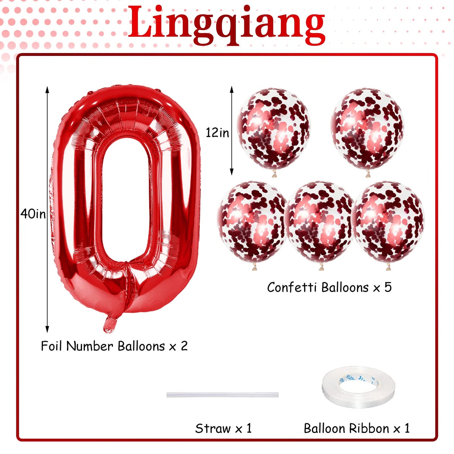 Lingqiang 40th Birthday Balloons Kit — 40-Inch Red Numeric Foil Balloons with Confetti