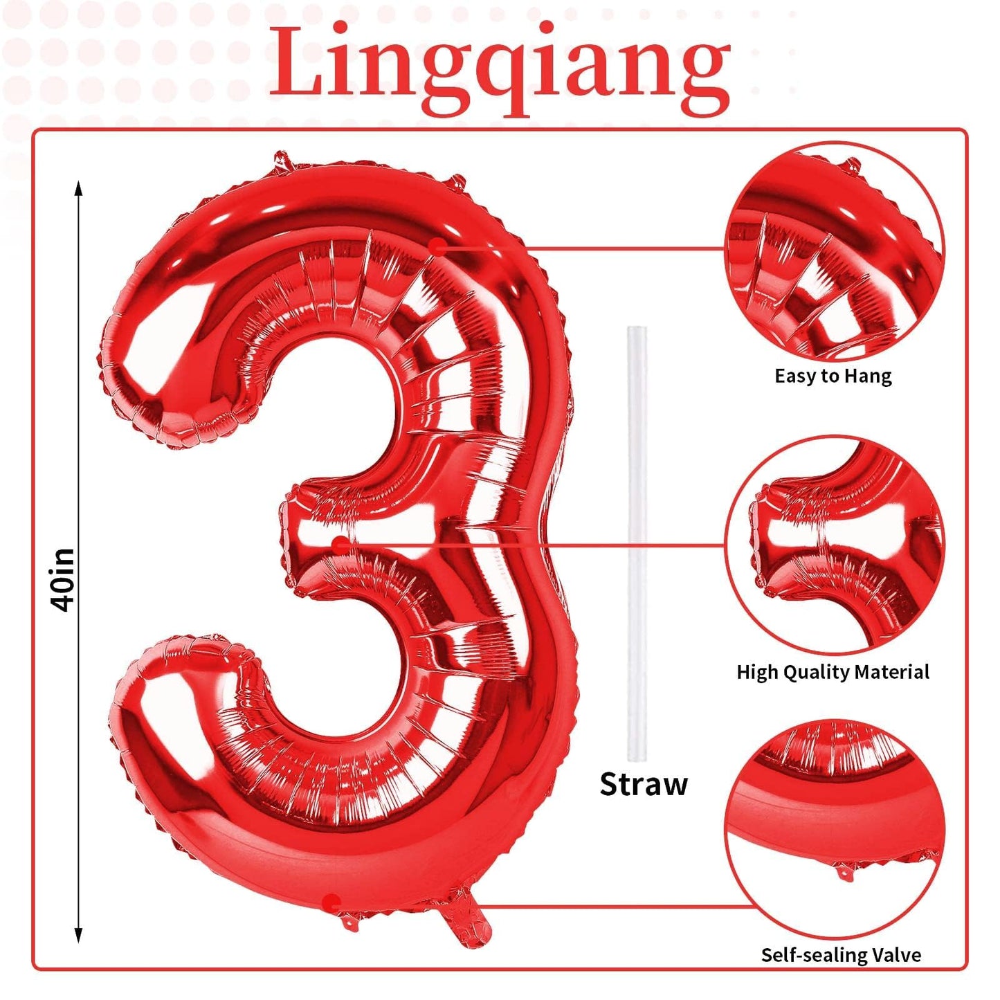 Lingqiang Red Number 3 Balloon – 40-Inch Foil Mylar Helium Balloon for Birthday & Anniversary Celebrations