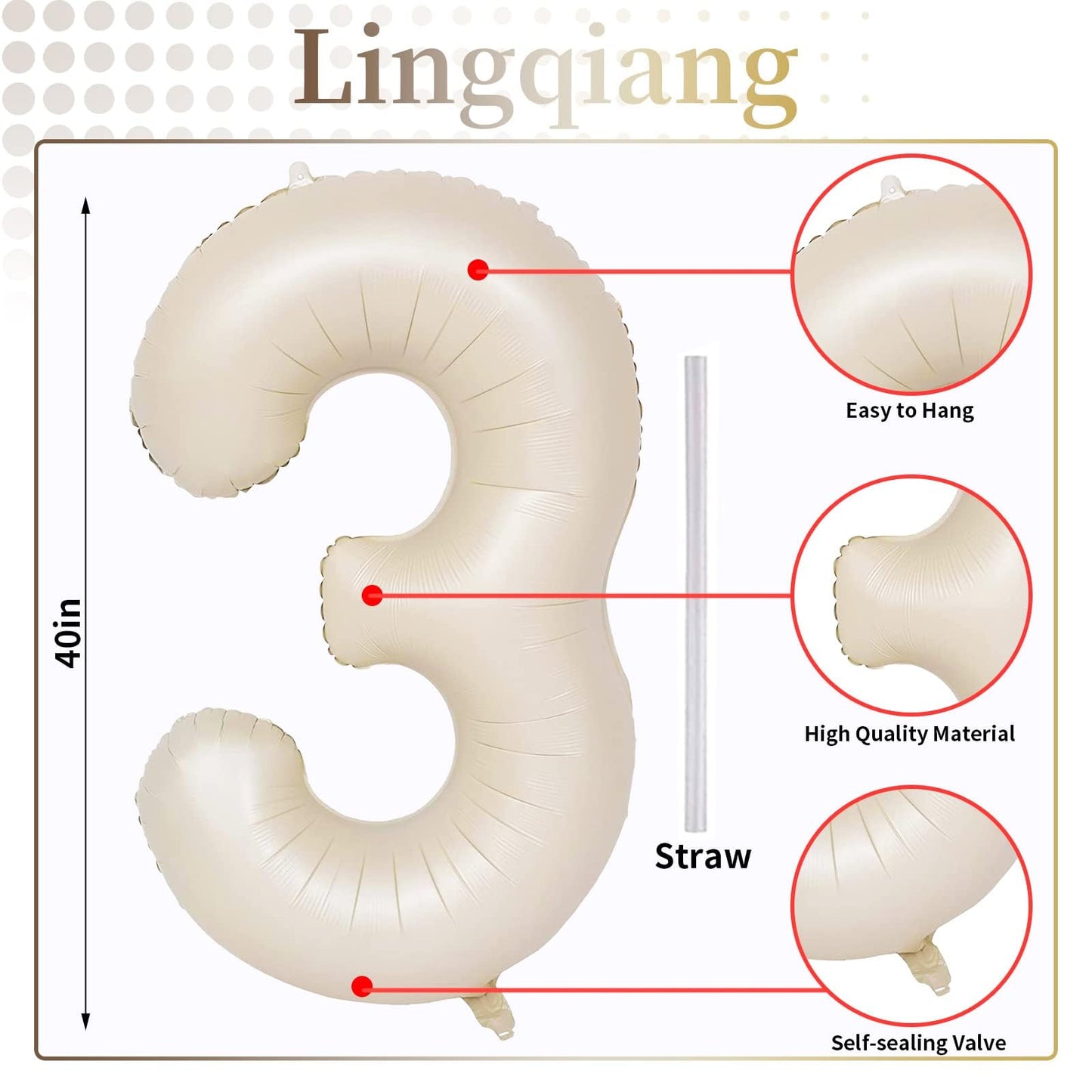 Lingqiang 40-Inch Beige Number 3 Balloon – Giant Ivory White Foil Mylar 3 Balloon for Birthdays & Anniversaries