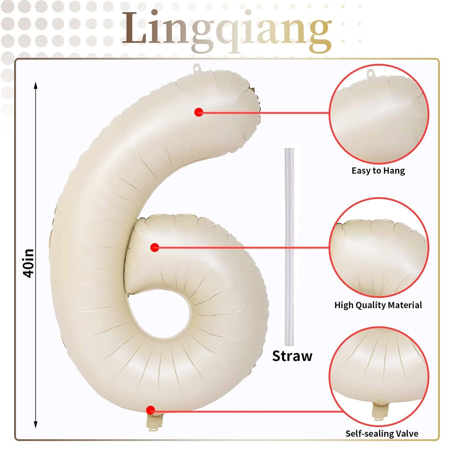 Lingqiang Cream 40in Number 6 Balloon – Ivory White Foil Mylar for Birthdays & Celebrations