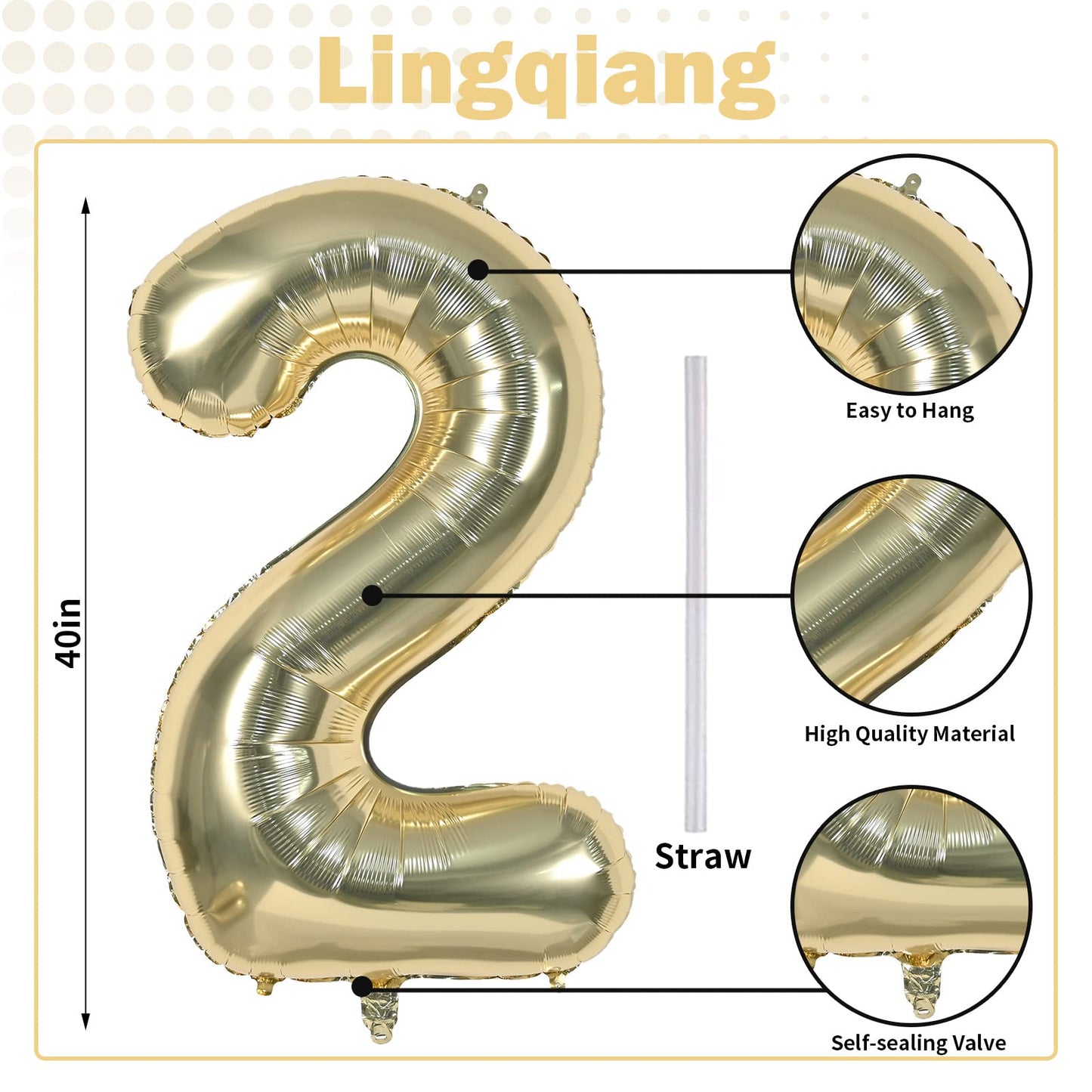 Lingqiang 40 Inch Champagne Gold Number 2 Balloon – Large Foil Party Balloons