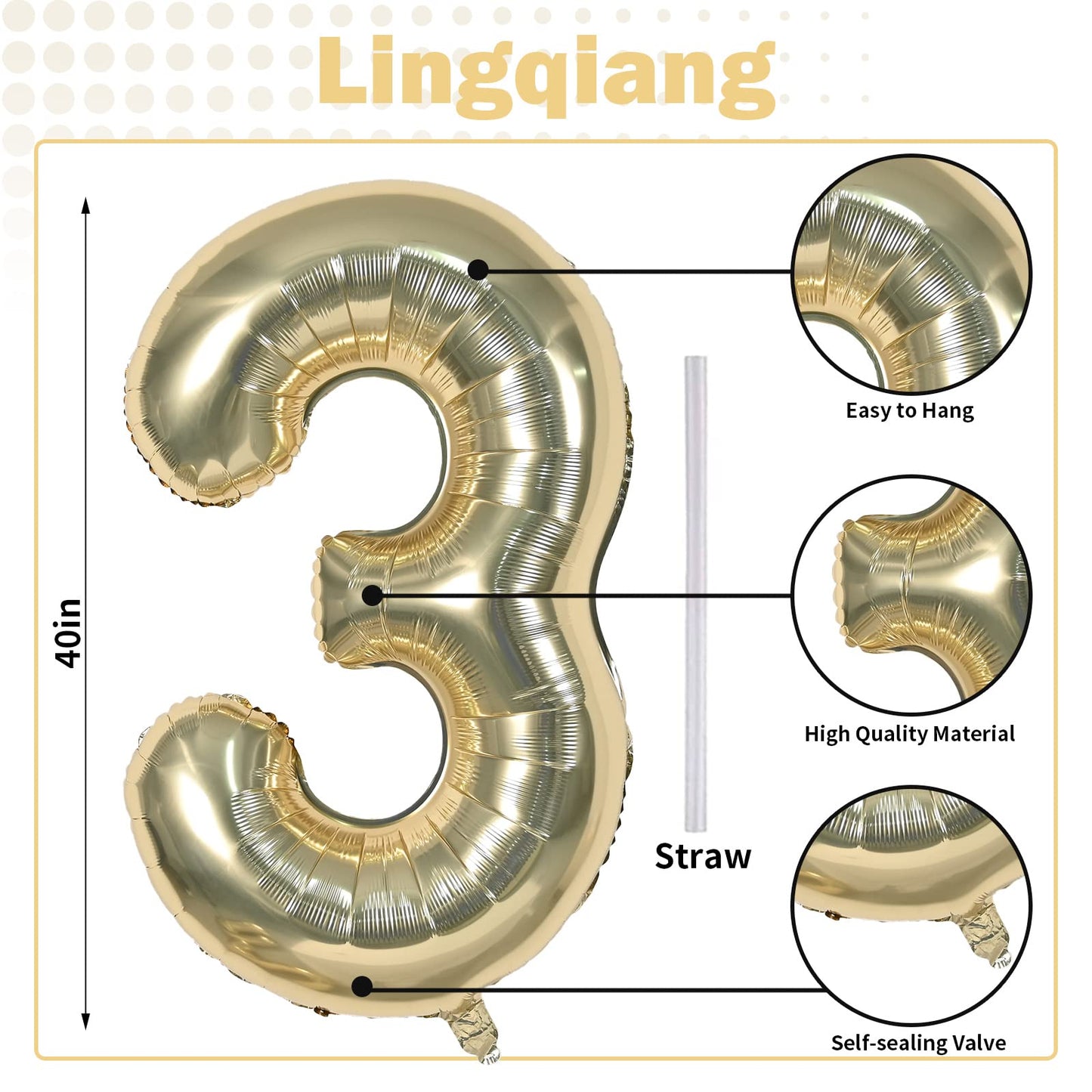 Lingqiang Champagne Gold 40-Inch Number 3 Balloon – Giant Helium Foil Party Decor