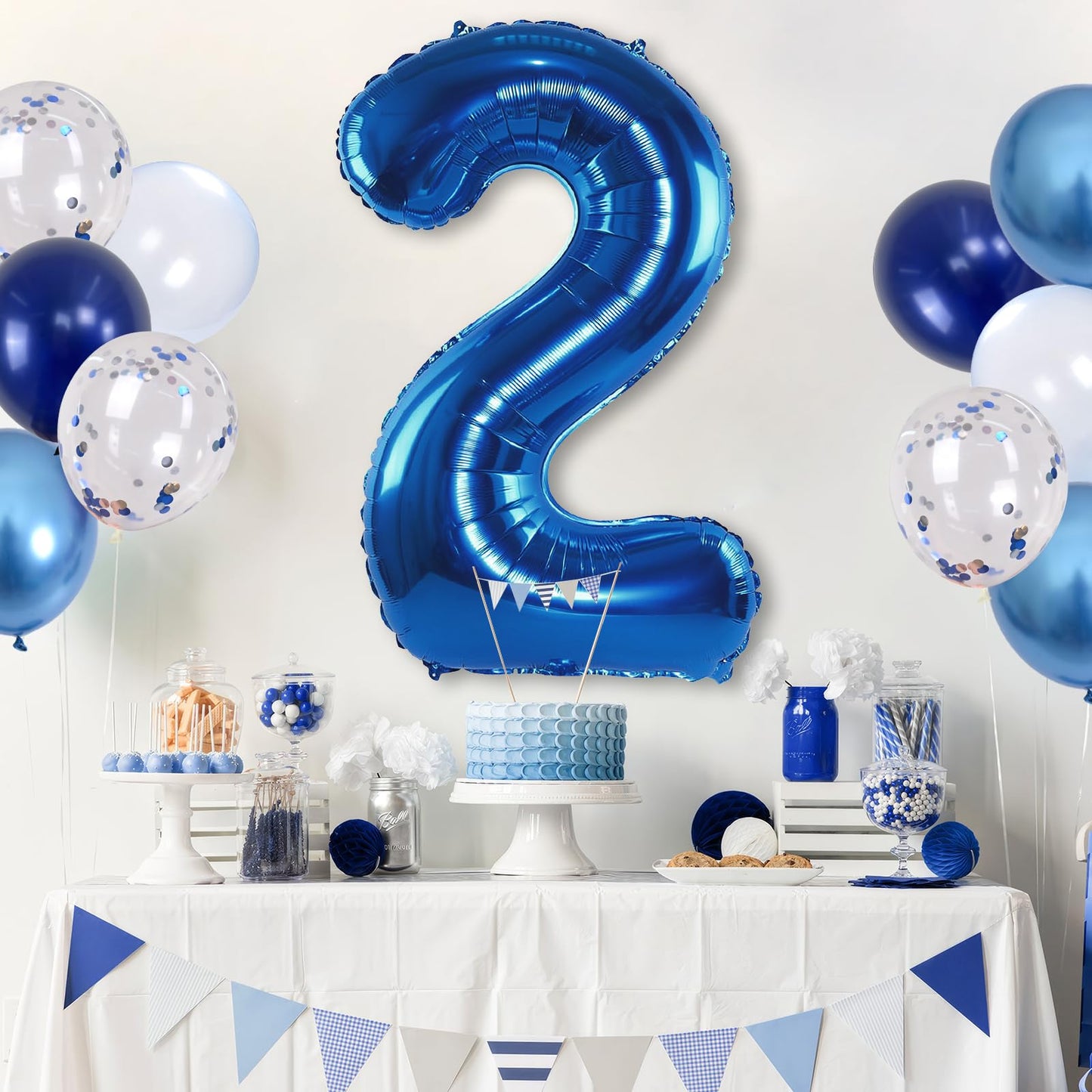 Lingqiang Foil Number Balloons - 2nd Birthday Navy & Silver Confetti, 40in