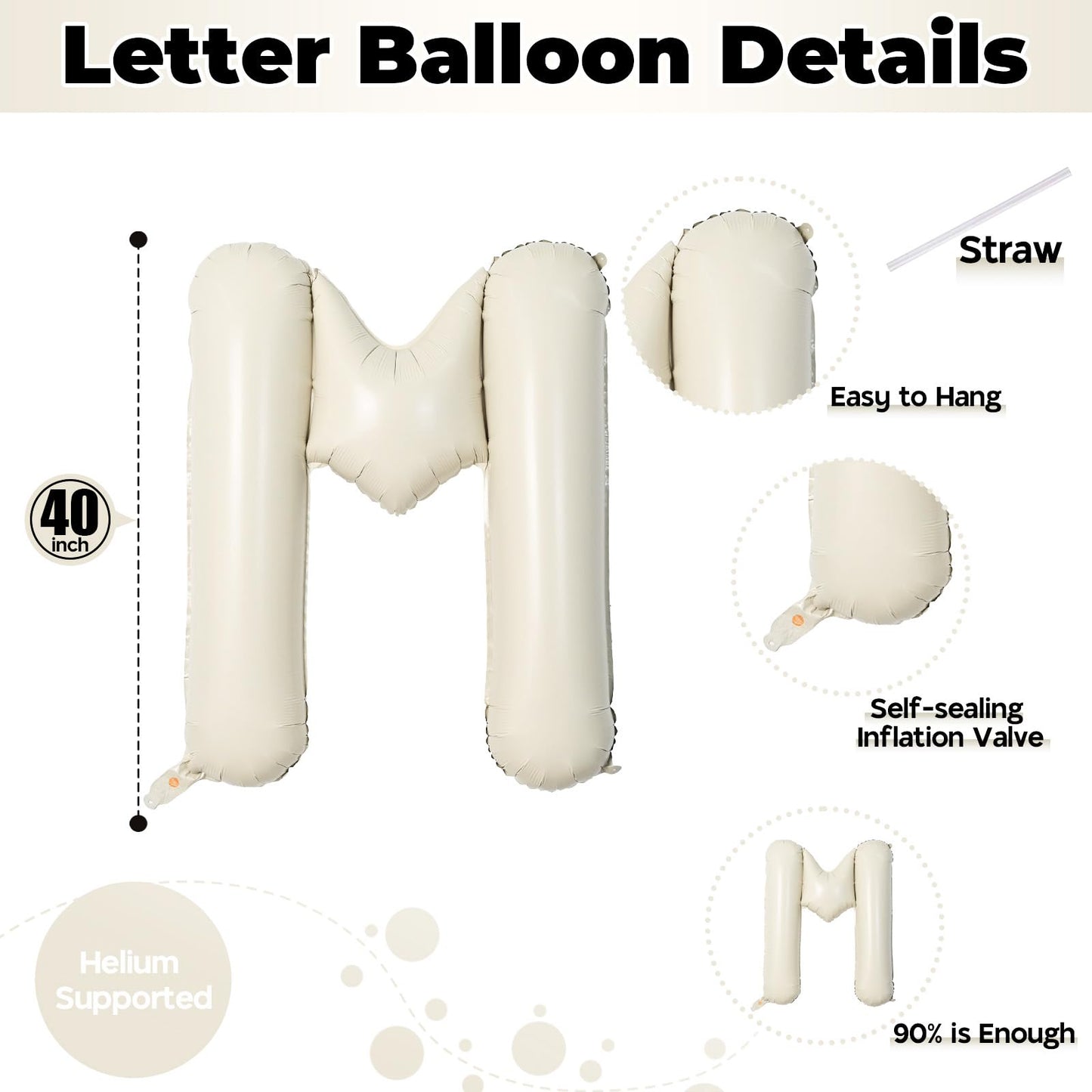 Lingqiang Big Letters Balloon M – 40-Inch Cream Mylar Alphabet for Party Decor