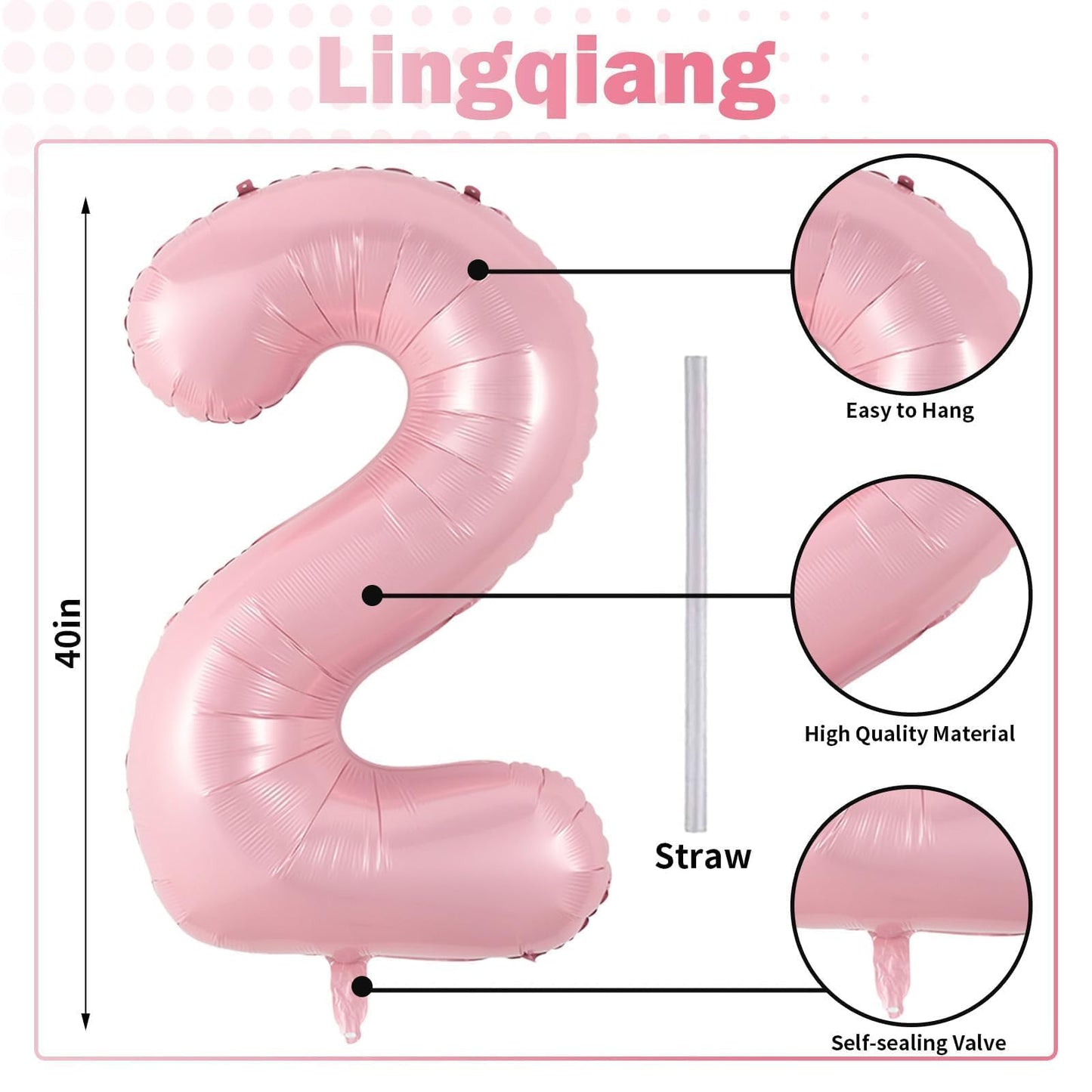 Lingqiang 40-Inch Pastel Pink Number 2 Balloon – Giant Foil Birthday Party Decor