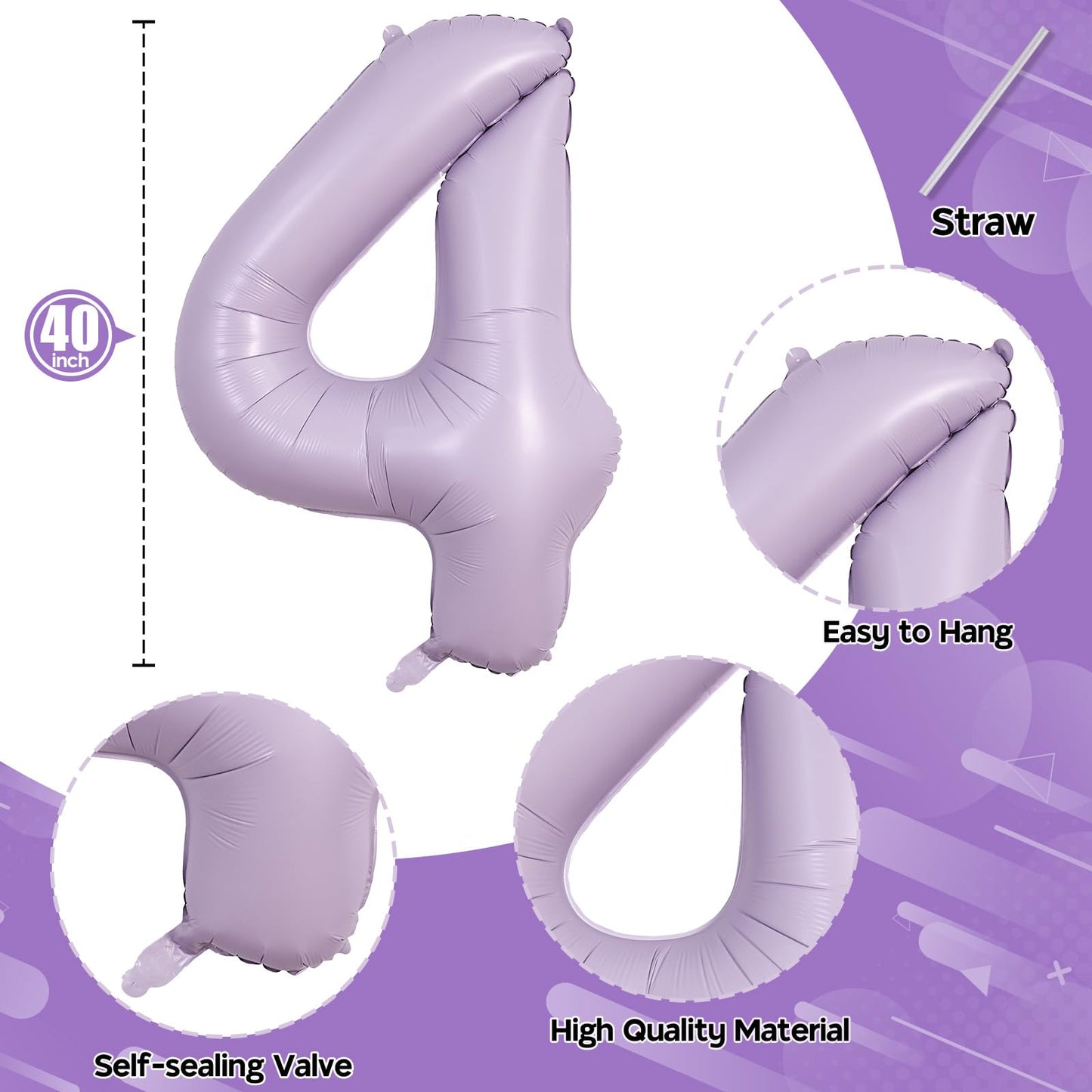 Lingqiang 40-Inch Light Purple Number 4 Balloon – Large Pastel Lavender 4th Birthday Decor