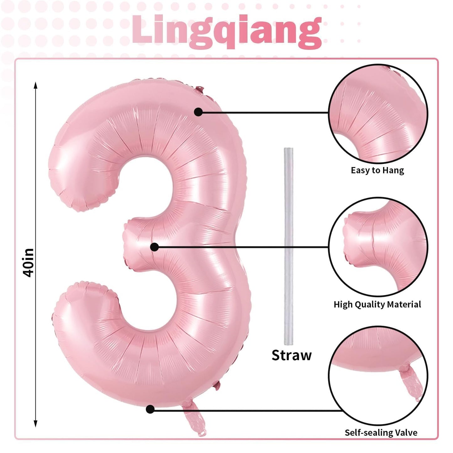 Lingqiang Pastel Pink 40-Inch Number 3 Balloon – Giant Pearl Foil Numeral for Birthday Decor
