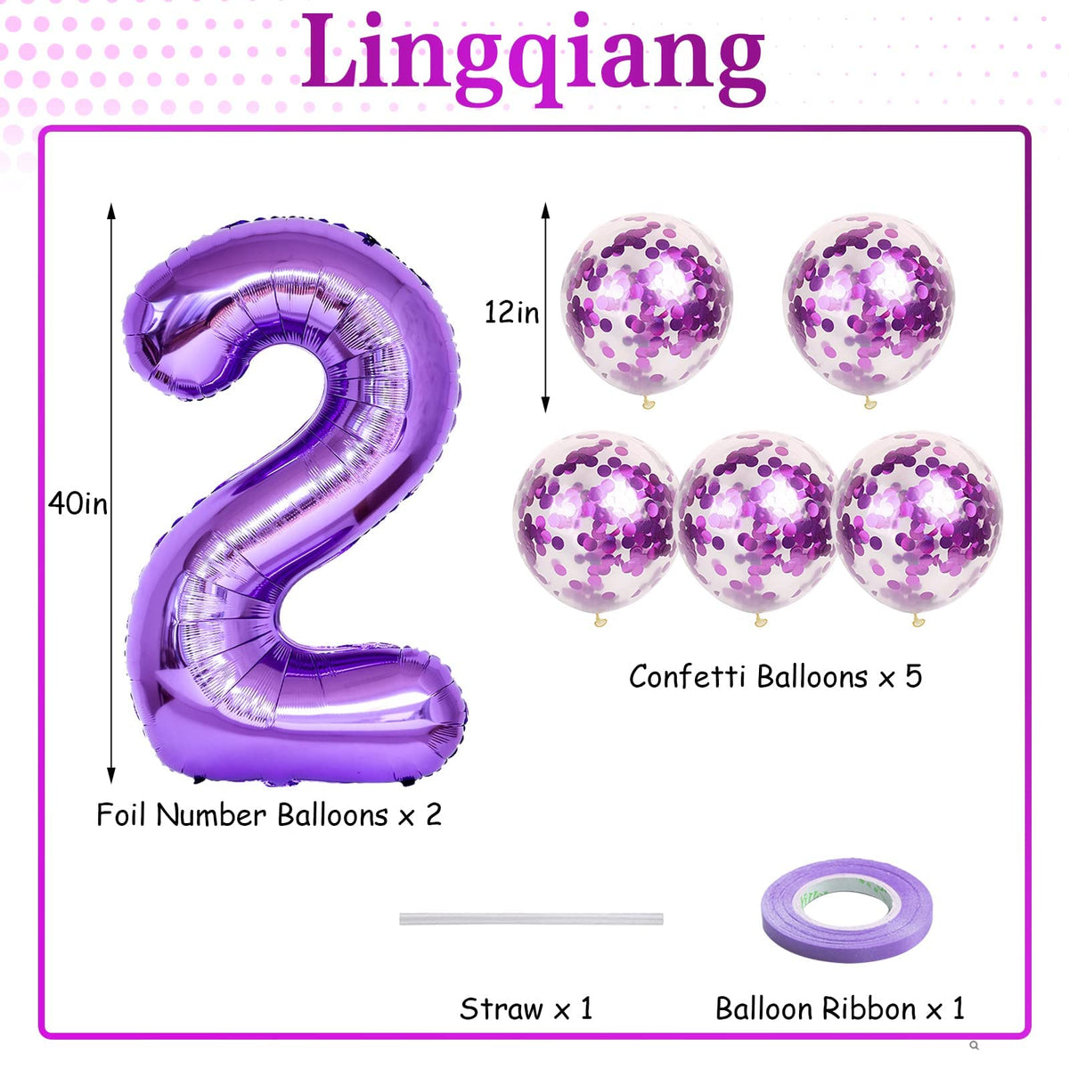 Lingqiang Purple 12th Birthday Balloon Kit – 40in Foil Numbers + Purple Confetti Latex